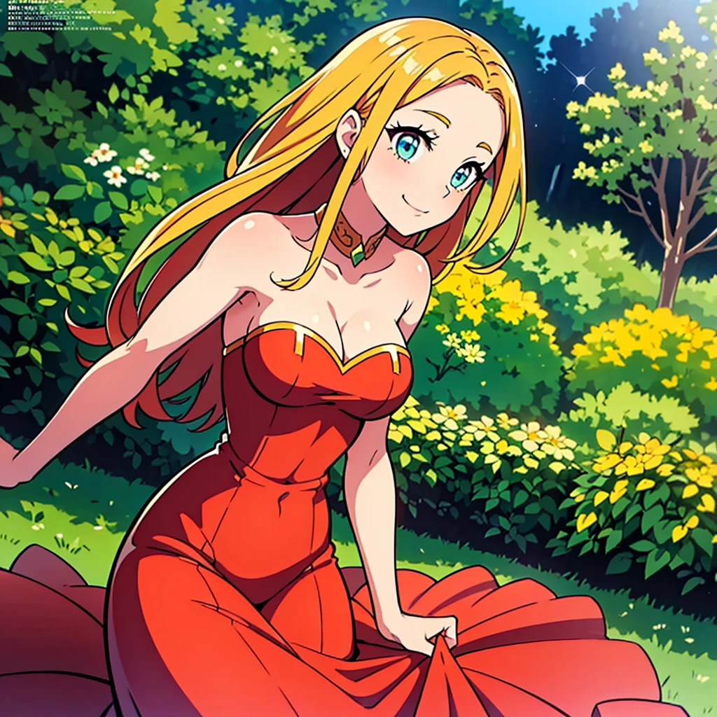 a beautiful girl with long flowing hair, radiant smile and captivating eyes, wearing a stunning red dress, posing on a lush green garden background, with colorful flowers blooming all around her. The girl is the main focus of the image, showcasing her grace and elegance. The scene is captured in a high-resolution photograph, with ultra-detailed features and realistic lighting. The image is of the highest quality, with vibrant colors, sharp focus, and bokeh effect. The art style is reminiscent of a glamorous magazine cover, combining fashion and natural beauty. The color tone of the image exudes warmth and vibrancy. The overall lighting creates a soft and flattering glow, accentuating the girl's features and adding depth to the scene. The image is a masterpiece, perfect for a magazine cover, evoking a sense of awe and admiration.