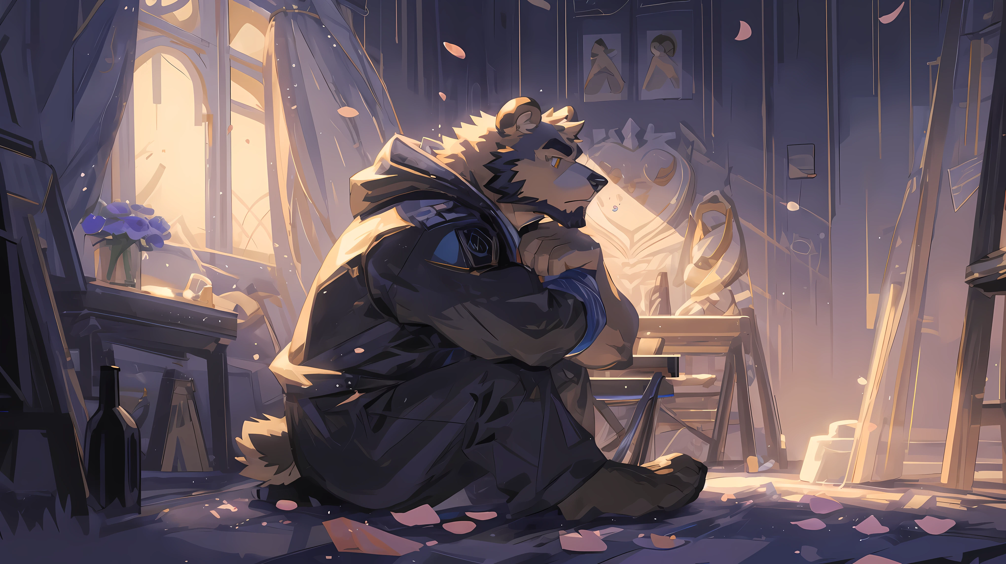 (masterpiece:1.2), best quality,pixiv,official art,(Ray tracing, light), (flower petal in the sky :1.3), (1_male:1.3), (solo:1.3) , portrait , (muscle), (gray fur:1.4), (muscle bear), (bear tail), (beard:1.2), (gleaming golden eyes), Thick eyebrows, open hoodie, naked inside, cargo shorts, indoor, bedroom, french window, sitting down