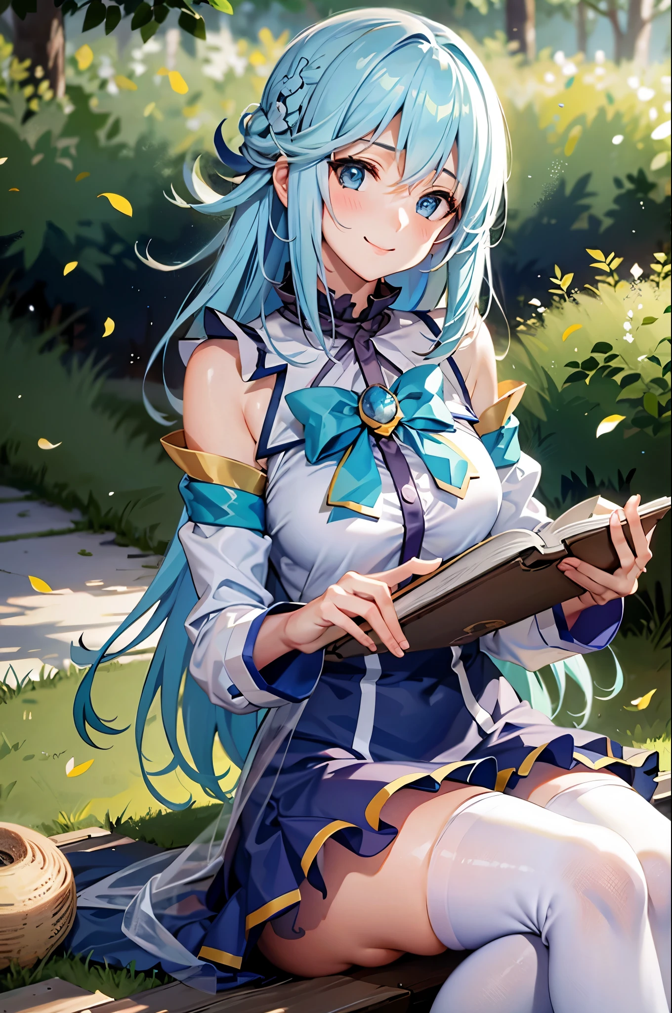 best quality, masterpiece, nice hands, perfect hands, smile,medium breasts, sitting under a tree, reading a book, detailed skin texture, (blush:0.5), (goosebumps:0.5), subsurface scattering,crossing leg,medium thighs ,white tights, blue hair,Aqua from konosuba