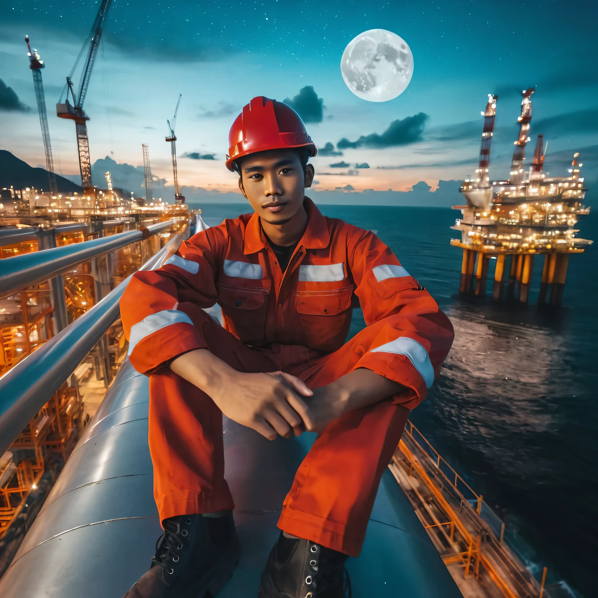 shot of a young Indonesian man, wearing a red project helmet, wearing project clothing, sitting on an offshore building pipe. background of offshore buildings with beautiful sea and moon views, real, real photo, ultra 8k