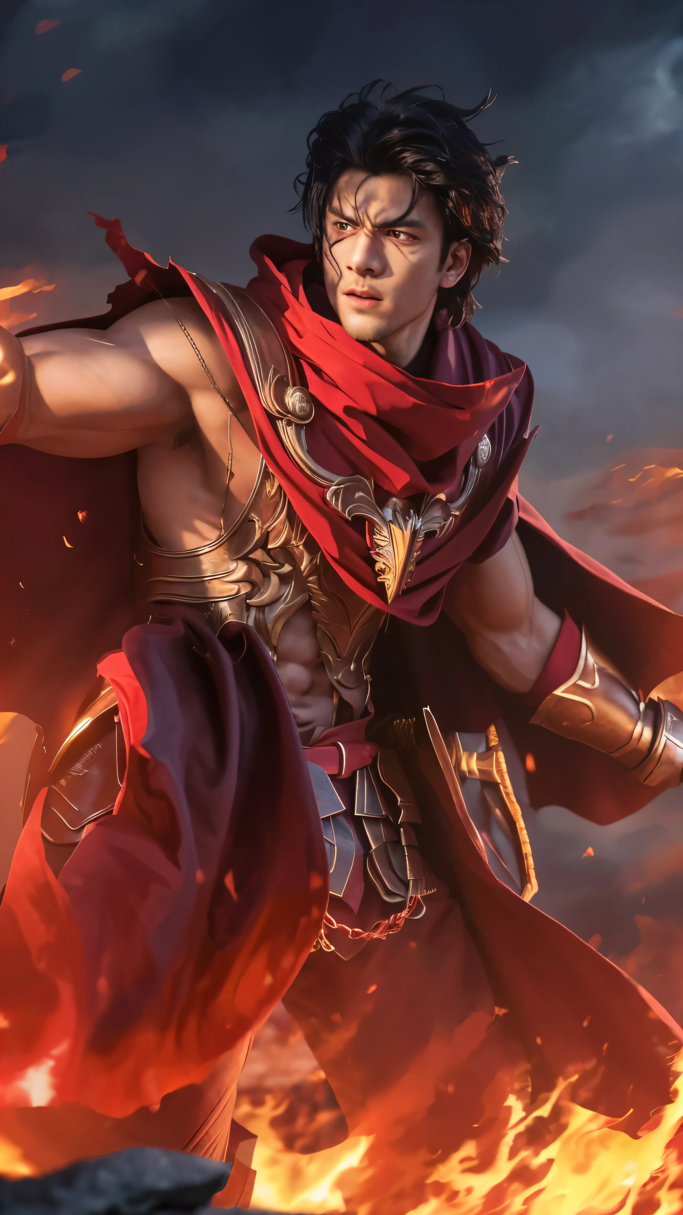 a muscular handsome wizard, solo, 1 man, (face:Matthew Daddario), extremely detailed face, perfect face, short hairstyle, looking at the viewer romantically, fiery red robe, black pants, ruby crystal wand in his hand, sexy look, wizard hat, smooth skin, doing fire magic,