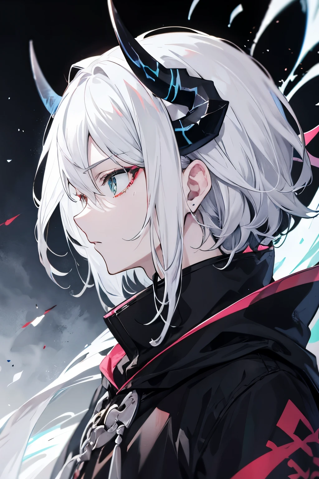 4k, good quality, anime, man with horns and dragon eyes, imposing, white hair, black clothes, icon profile,