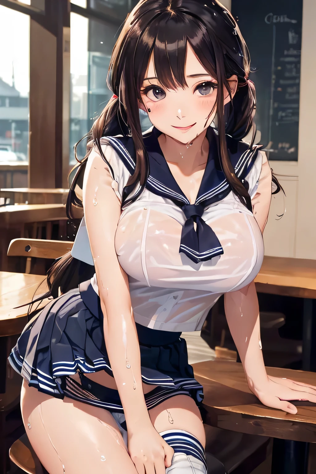 highest quality、High resolution、detailed background、Beautiful and dense face、beautiful and smooth skin、skin texture、cute10代の美少女、two beautiful girls、(huge breasts:1.4)、(realistic:1.3)、perfect body line、braided twin tails、
(Sleeveless sailor suit made of see-through material:1.5)、white sailor collar、Sheath Sloop Leece Mini Skirt、pink floral embroidered panties、No bra、white knee high socks、white overknee socks、emphasize cleavage、emphasize the chest、(My clothes are wet and see through and I can see my nipples..:1.4)、
Tea time at the cafe、((Two beautiful girls enjoy chatting at a cute cafe:1.2))、((with a happy expression on her face, She lifts up her skirt to reveal her panties.:1.5))、sexual expression、panty shot、underboob、cute、camel toe