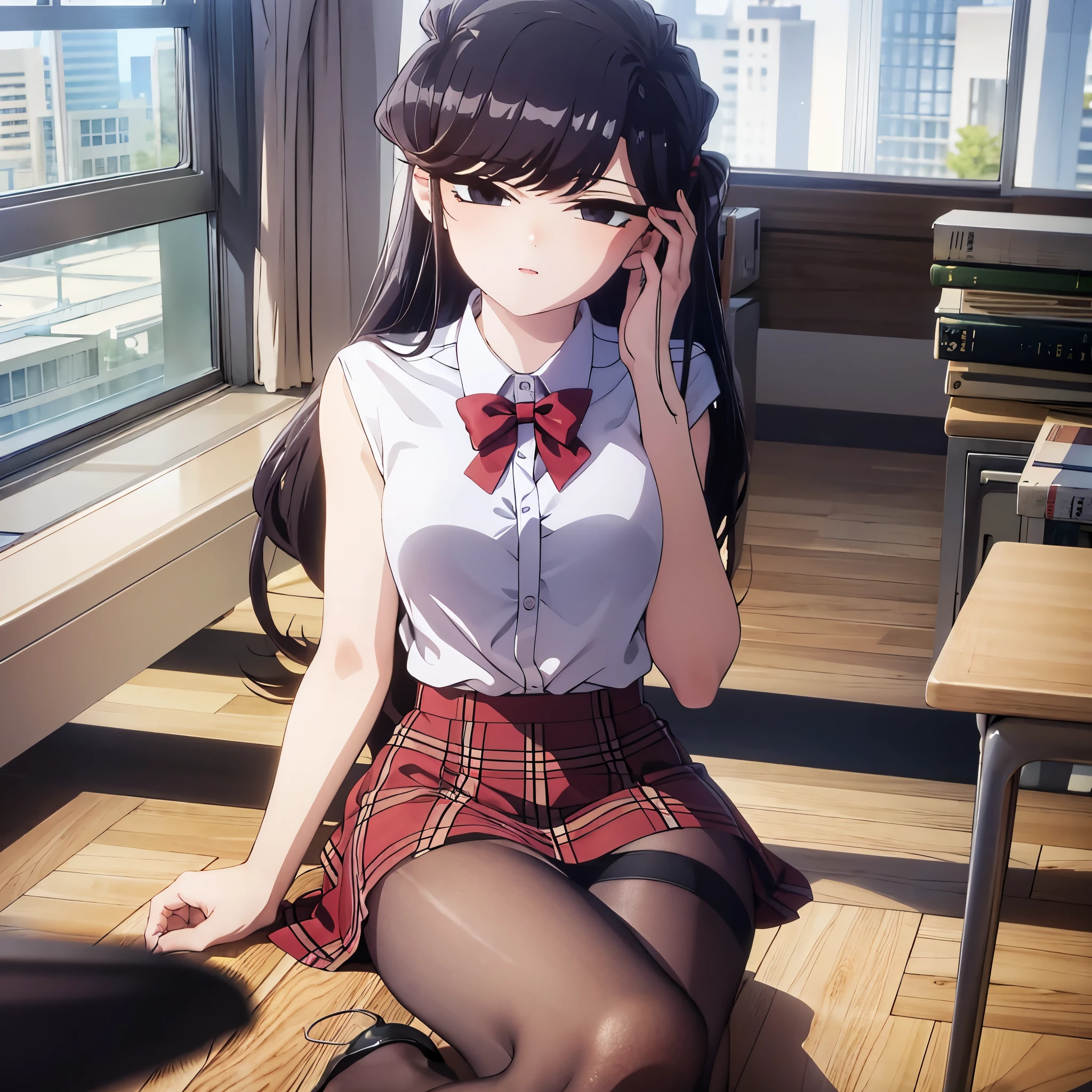 komiShouko, masterpiece, best quality, absurdres, 1girl, looking at viewer, v arms, pantyhose, classroom, , red skirt, red bow, blazer, window, sitting, chair, crowd,crossing legs,medium thighs.