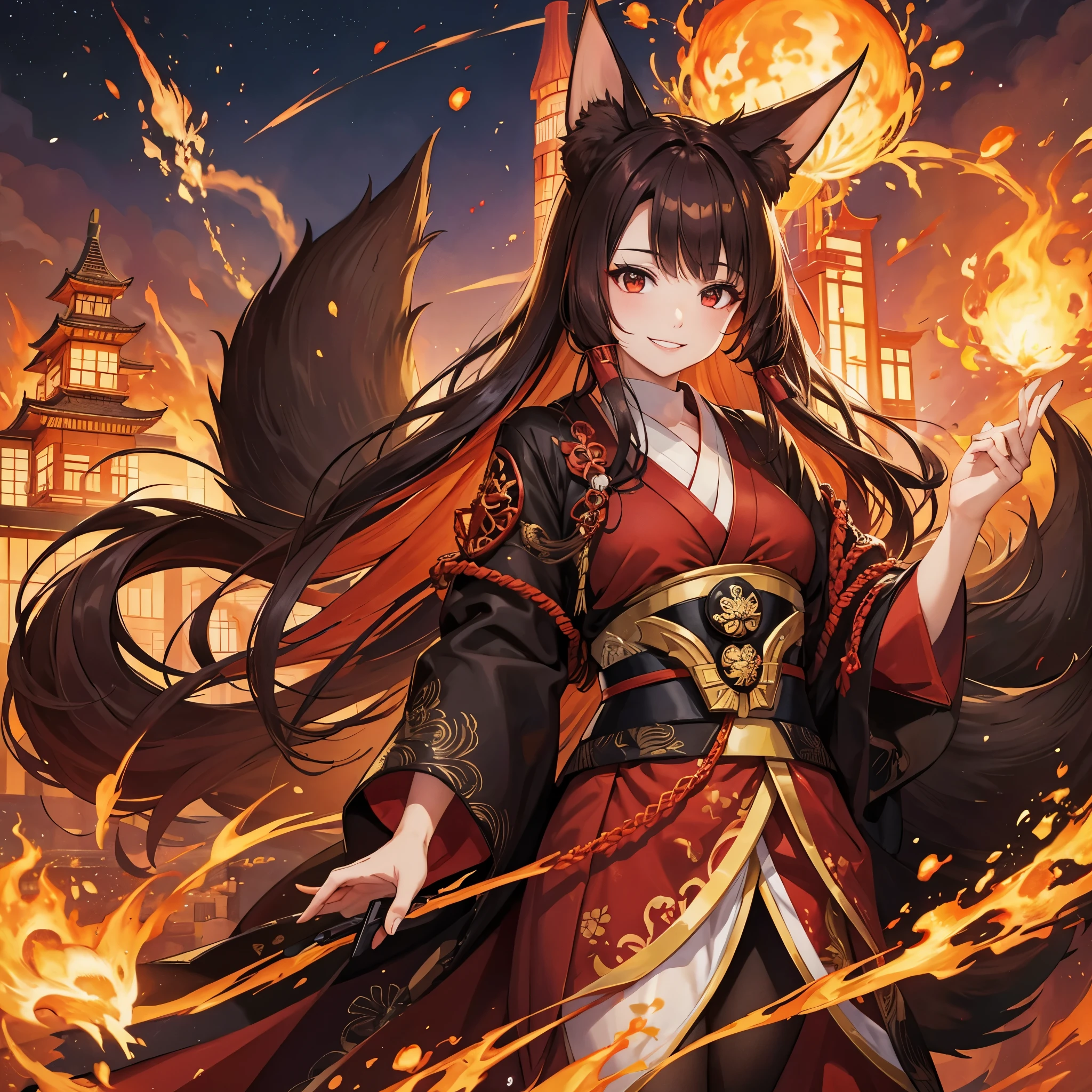 A woman with dark brown hair, red eyes, smiling, with red flames, a red Japanese castle behind, red kimono with black and gold details, kitsune ears, multi-tails kitsune.
