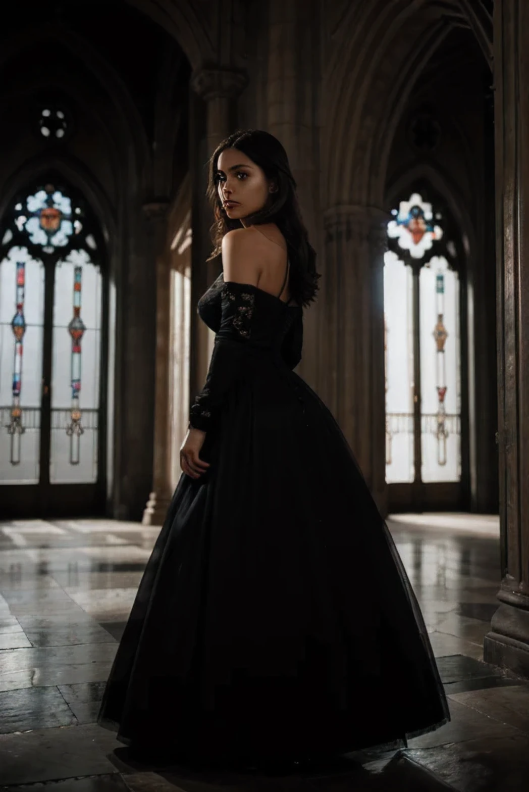La escena se desarrolla en los pasillos de un oscuro, gothic castle., that exudes an imposing and elegant atmosphere, pero a la vez frio. The lighting is dim, with flashes of light filtering through the stained glass windows.
En el centro de la imagen, una mujer de estatura promedio irradia presencia mientras camina con elegancia por el pasillo. Su cabello largo cae en ondas de un negro rojizo, brillando con matices violeta cuando la luz lo acaricia. Her deep eyes are an intense violet that contrasts with her pale but lively skin..., giving it a mysterious and captivating aura.
La mujer luce un vestido elegante y llamativo de silueta tubular con una apertura pronunciada en una pierna, que revela sutilmente su elegancia y potencia. The dress is adorned with dark butterflies that appear to come to life from below., adding a touch of mystery and charm to your appearance. En su cabeza lleva una corona de diamantes negros, que resplandece con un brillo sutil pero imponente.
A su lado, a little boy walks, vestido de manera similar a la mujer. His gaze reflects curiosity and admiration as he observes the woman with reverence..., evidencing a special bond between them.
El castillo, en el fondo, spreads majestic and gloomy, with intricate architectural details that reflect its antiquity and grandeur. A pesar de su aspecto imponente, Hay una belleza en su oscuridad que complementa la presencia de la mujer y , creando una escena que es tanto inquietante como fascinante.
