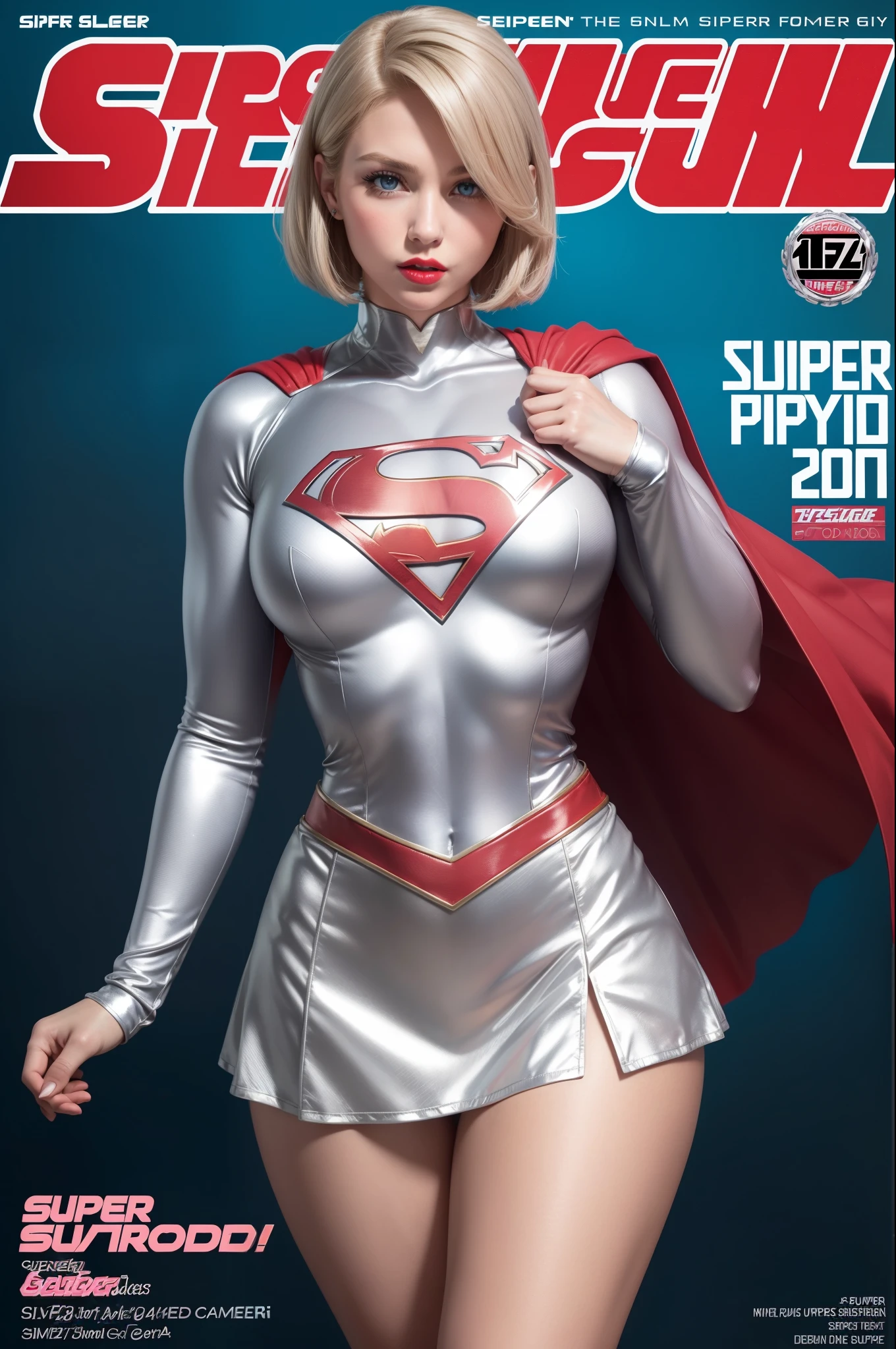 (Magazine cover, superhero headline ), (Supergirl magazine), (cover-style), Beautiful Super girl, charismatic, dressed in a super girl costume, ((full details super girl costume, silver bodysuit, silver, short tight skirt)), svelte, she is a super girl, superhero theme, blonde short hair, high ponytail, beautiful detail eyes, incredibly beautiful, blue eyes, glowing eyes, blush, makeup, red lipstick, (wide hips), (thick thighs), superhero pose, brave, extremely hourglass figure, Upper Body, skyline, horizon, 