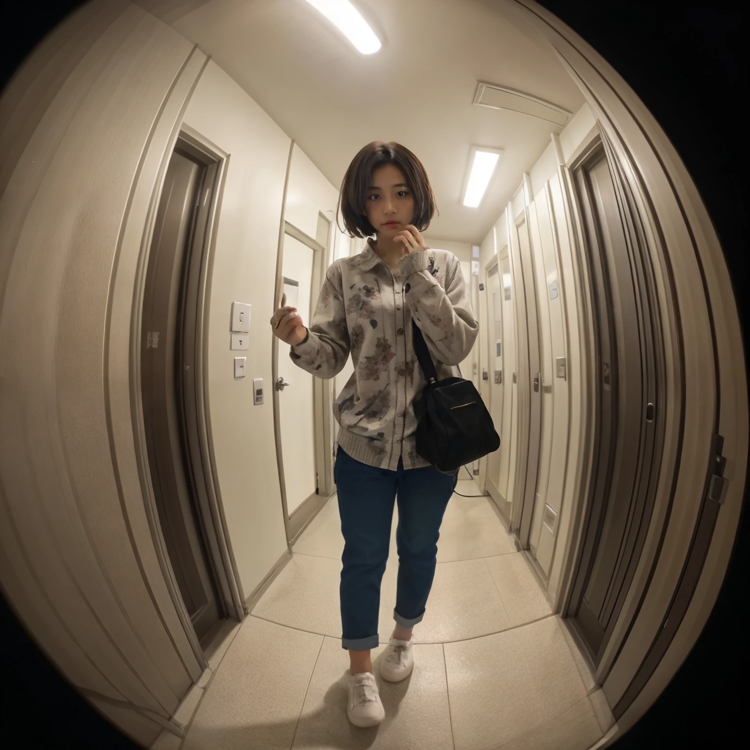 A view of the condominium&#39;s common corridor seen from the condominium&#39;s entrance door peephole、fisheye lens、Three zombies are rampaging、lens