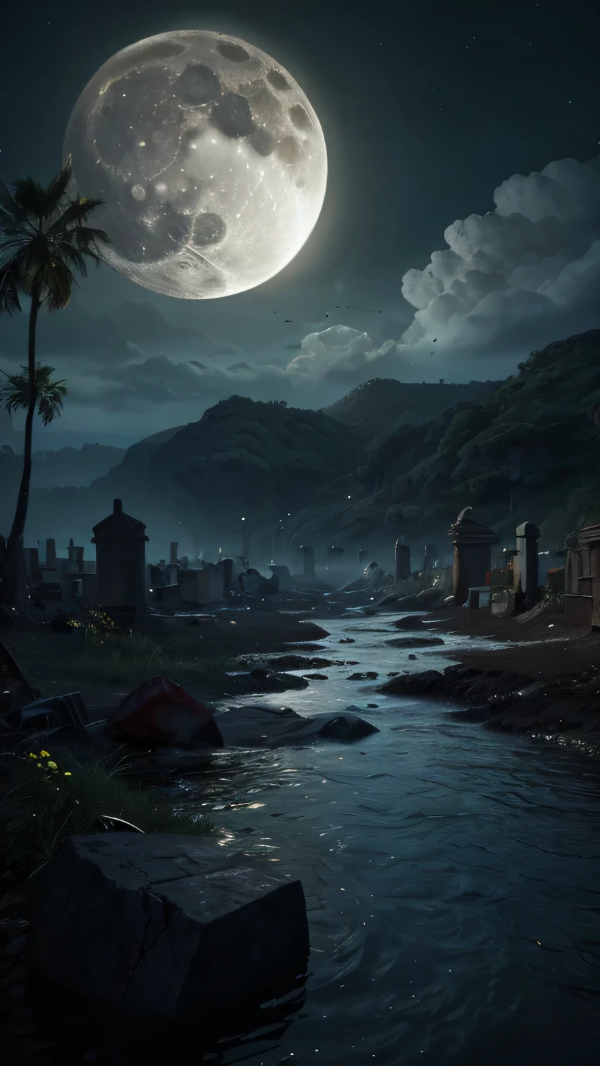 crazy evil landscape. Tentacles springing from the abyss, polluted river, creepy cemetery, bloody moon, unreal engine, UHD sketch color drawing, close upbloody moon, 