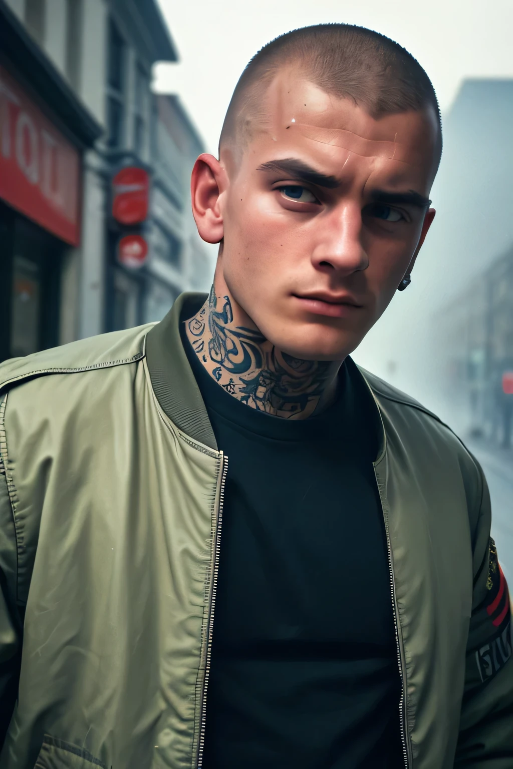 (solo, 1boy, close-up on face), ((best quality)), ((masterpiece)), candid photograph of a 25yo english skinhead, standing on a street corner, tattoo, (film photography, film grain, ultra realism, sharp focus, muted colours, extremely detailed, skin texture), 1980s, bomber jacket, fog, light rain,