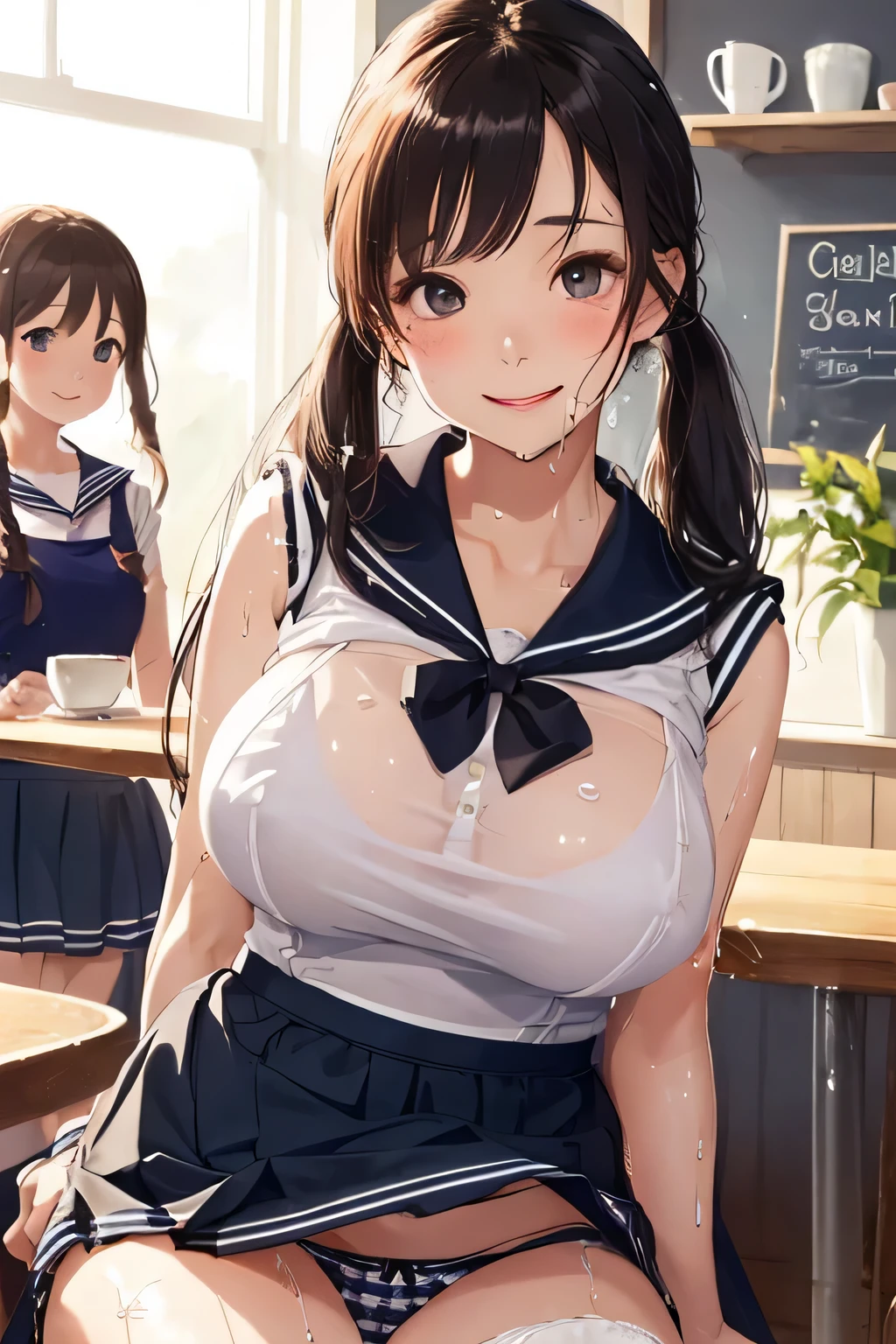 highest quality、High resolution、detailed background、Beautiful and dense face、beautiful and smooth skin、skin texture、cute10代の美少女、two beautiful girls、(huge breasts:1.4)、(realistic:1.2)、perfect body line、braided twin tails、
(Sleeveless sailor suit made of see-through material:1.5)、white sailor collar、Sheath Sloop Leece Mini Skirt、pink floral embroidered panties、No bra、white knee high socks、white overknee socks、emphasize cleavage、emphasize the chest、(My clothes are wet and see through and I can see my nipples..:1.4)、
Tea time at the cafe、((Two beautiful girls enjoy chatting at a cute cafe:1.2))、((with a happy expression on her face, She lifts up her skirt to reveal her panties.:1.5))、sexual expression、panty shot、underboob、cute、camel toe