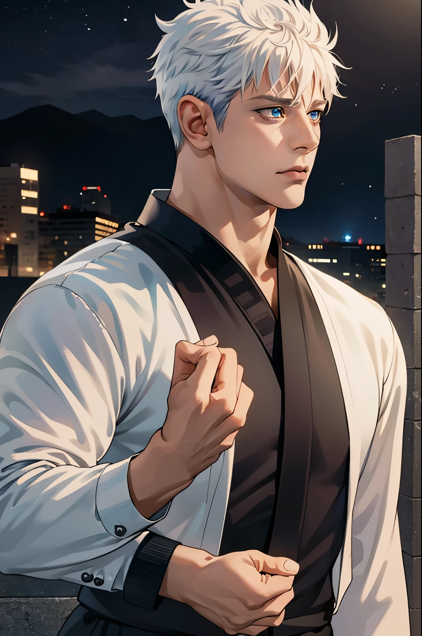 Portrait of Gojo Satoru de Jujutsu Kaisen, Hatake Kakashi, Toushirou Hitsugaya adult, a man with white short hair, blue eyes, no smile, with black shirt, strong muscles, sexy man, male style, badboy style, street scenery, dark light night, symmetrical face, symmetric eyes, fotografia realista, fotografia, obra-prima, realista, Realismo, renderizado, Alto contraste, photographingrealistic digital art trend on Artstation 8k HD high definition detailed realistic , detalhado, textura da pele, hiper detalhado, Textura realista da pele, armadura, melhor qualidade, ultra high-resolution, (fotografiarrealista: 1.4), high resolution, detalhado, fotografia crua, sharp re, by lee jeffries nikon d850 film stock photographygrafiagraphy 4 kodak camera portra 400 lens f1.6 colors rich hyper realistic texture dramatic lighting irrealengine trending on artstation cinestill 800