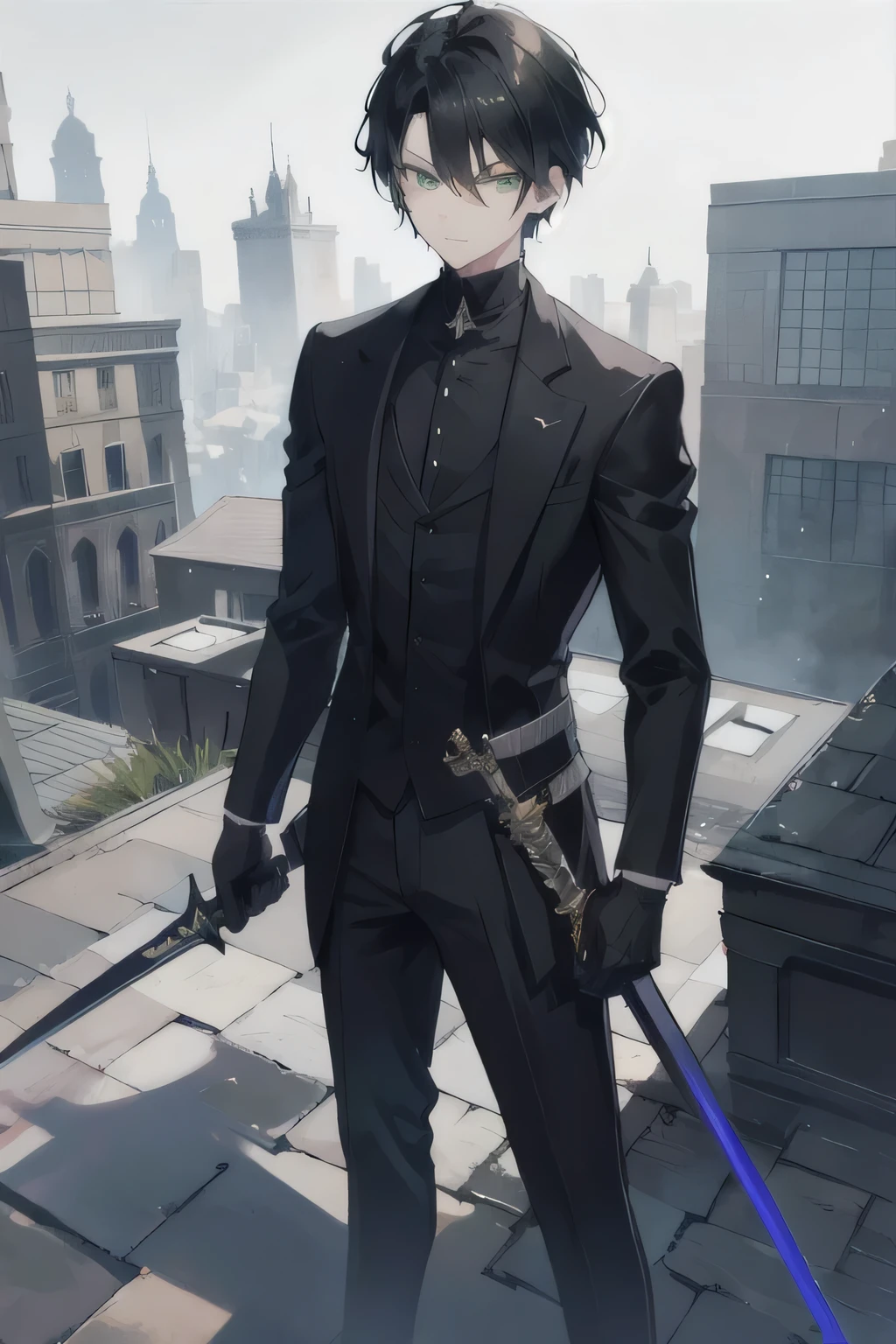 1 boy, green eyes, short black hair, swordsman, holding sword, calm and reserved, black suit, black gloves, rooftop, standing