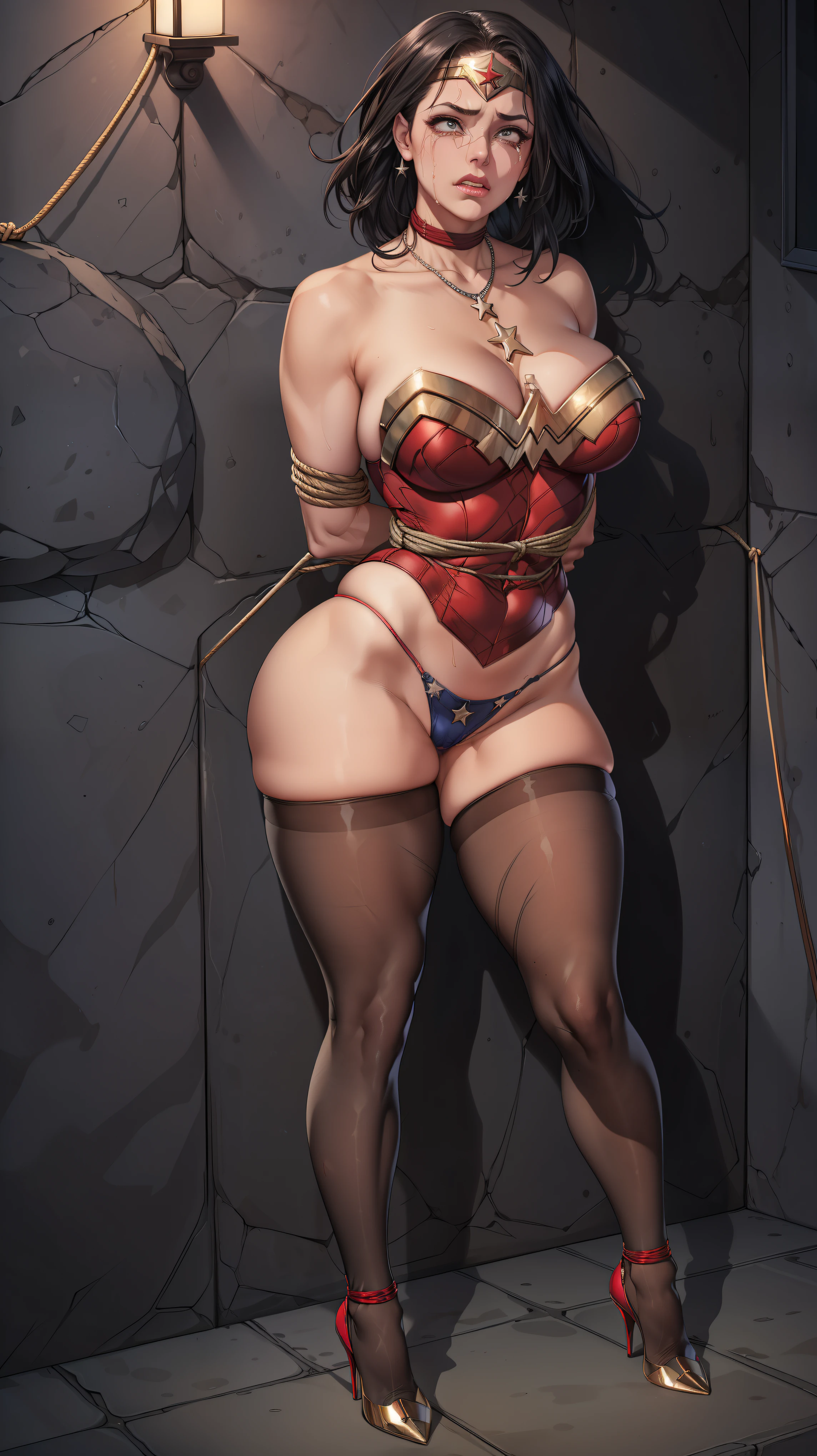 (((SUPERHEROINE WONDER WOMAN esta vestindo lingerie rendada branca, white lace pantyhose, usando saltos super altos))), (((Humiliated inside the stone prison, obrigada a se prostituir))), ((Ela foi estuprada)) ,((SUPERHEROINE mulher maravilha com uniforme em farrapos, worn pantyhose)), (Wonder Woman is standing, on tiptoe), (She is crying a lot, ela tem cabelo preto, ela tem cabelo longo)), ((She wears a thick metal necklace around her neck...)), (obra-prima, melhor qualidade) 1.5, 1 garota, sozinho, (sensual, mulher bonita, rosto perfeito, olhos perfeitos), corpo inteiro. ((She is wearing white starry lace panties)), tears running down your face)), ((Mulher Maravilha em cativeiro, arms tied behind the back, Shibari, hands tied behind the back,painful restraint by ropes)