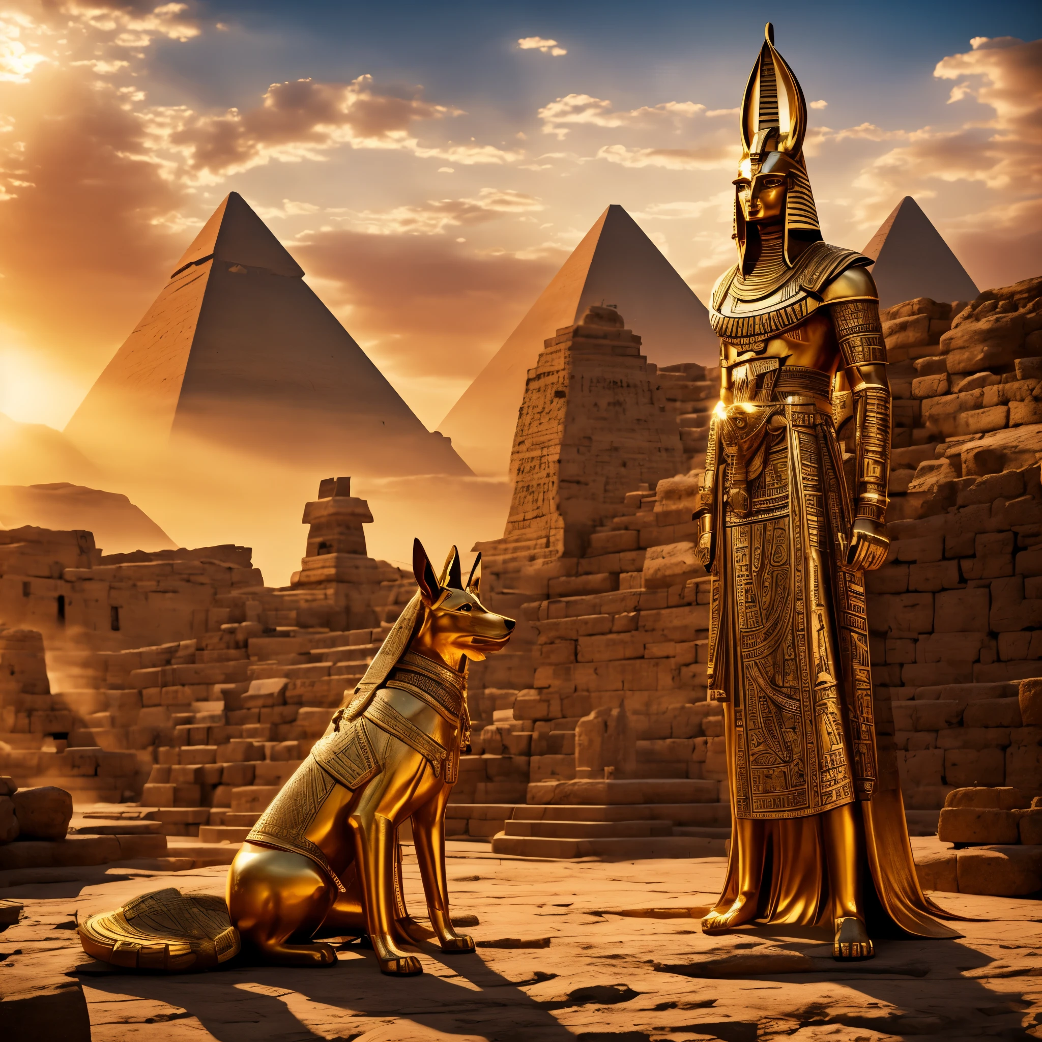 An ancient Egyptian scene of Anubis, the god of mummification and the afterlife, standing proudly before a grand pyramid amidst a backdrop of war. The intricate details of Anubis' canine head, adorned with a gold headdress and collar, are hyper-realistically rendered, while his hieroglyphics-covered body exudes a sense of powerful elegance. The pyramid, shrouded in the golden glow of the setting sun, is depicted at 8k resolution with ultra high definition textures, revealing every structural detail and intricate line. The scene is captured at an oblique angle, as if to convey the tension and chaos of the battlefield surrounding this