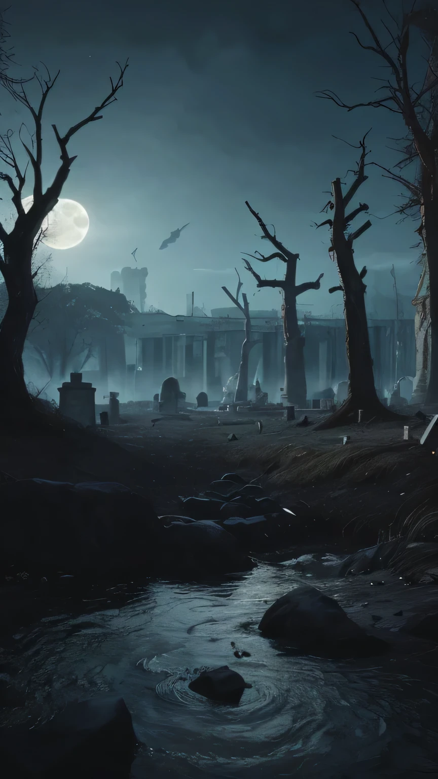 girl, crazy evil landscape. Tentacles springing from the abyss, polluted river, creepy cemetery, bloody moon, unreal engine, UHD sketch color drawing