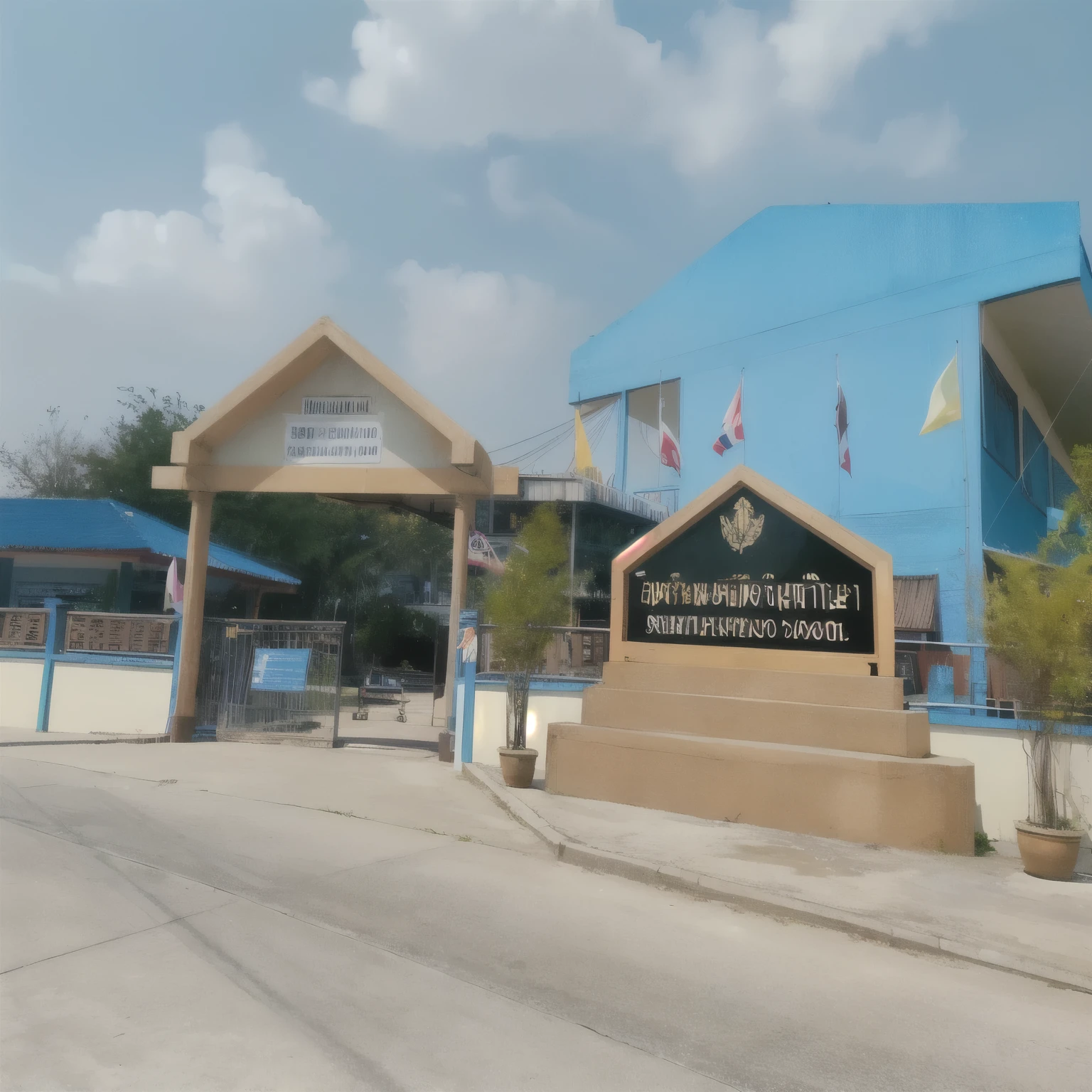 มีอาคารสีฟ้ามีป้ายเขียนว่าschoolการศึกษาแห่งชาติ, Patiphan Sotawilaiphong, Patiphan Sotawilai, ทางเข้าschoolเอกชน, full - see, beautiful picture, front view, schoolเอกชน, front view, Picture taken on 2 0 2 0, school, very powerful, 8k)), Full equipment