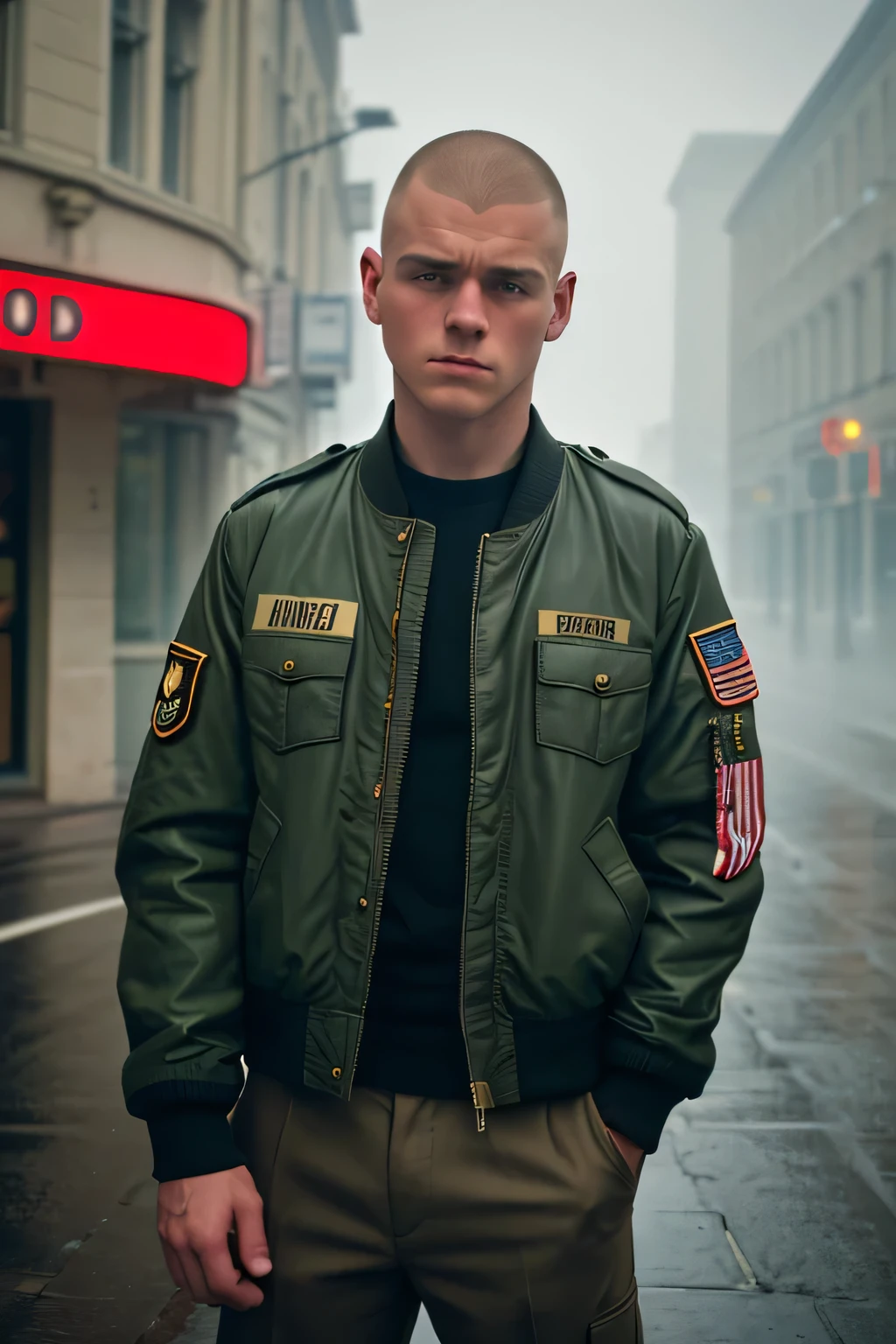 (solo, 1boy, close-up on face), ((best quality)), ((masterpiece)), candid photograph of a 25yo english skinhead, standing on a street corner, army boots(film photography, film grain, ultra realism, sharp focus, muted colours, extremely detailed, skin texture), 1980s, bomber jacket, fog, light rain,