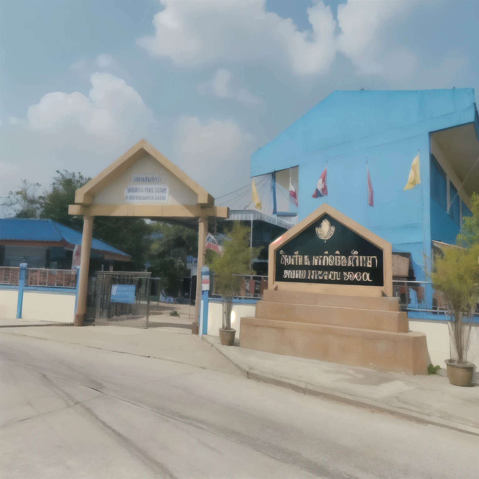 มีอาคารสีฟ้ามีป้ายเขียนว่าschoolการศึกษาแห่งชาติ, Patiphan Sotawilaiphong, Patiphan Sotawilai, ทางเข้าschoolเอกชน, full - see, beautiful picture, front view, schoolเอกชน, front view, Picture taken on 2 0 2 0, school, very powerful, 8k)), Full equipment