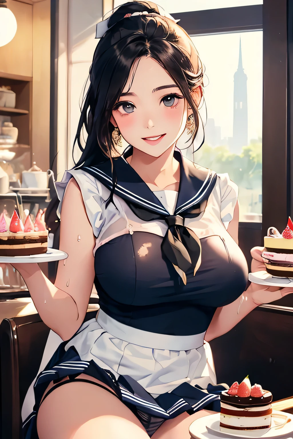 highest quality、High resolution、detailed background、Beautiful and dense face、beautiful and smooth skin、skin texture、cute10代の美少女、two beautiful girls、(huge breasts:1.4)、(realistic:1.2)、perfect body line、braided ponytail、
(Sleeveless sailor suit made of see-through material:1.5)、white sailor collar、Sheath Sloop Leece Mini Skirt、pink floral embroidered panties、No bra、white knee high socks、white overknee socks、emphasize cleavage、emphasize the chest、(My clothes are wet and see through and I can see my nipples..:1.3)、
Tea time at the cafe、((Two beautiful girls enjoy cake and sweets while chatting at a cute cafe.:1.4))、((She pulled up her skirt and showed me her panties..:1.5))、sexual expression、Laugh playfully、panty shot、underboobを強調する、underboob、cute、camel toe