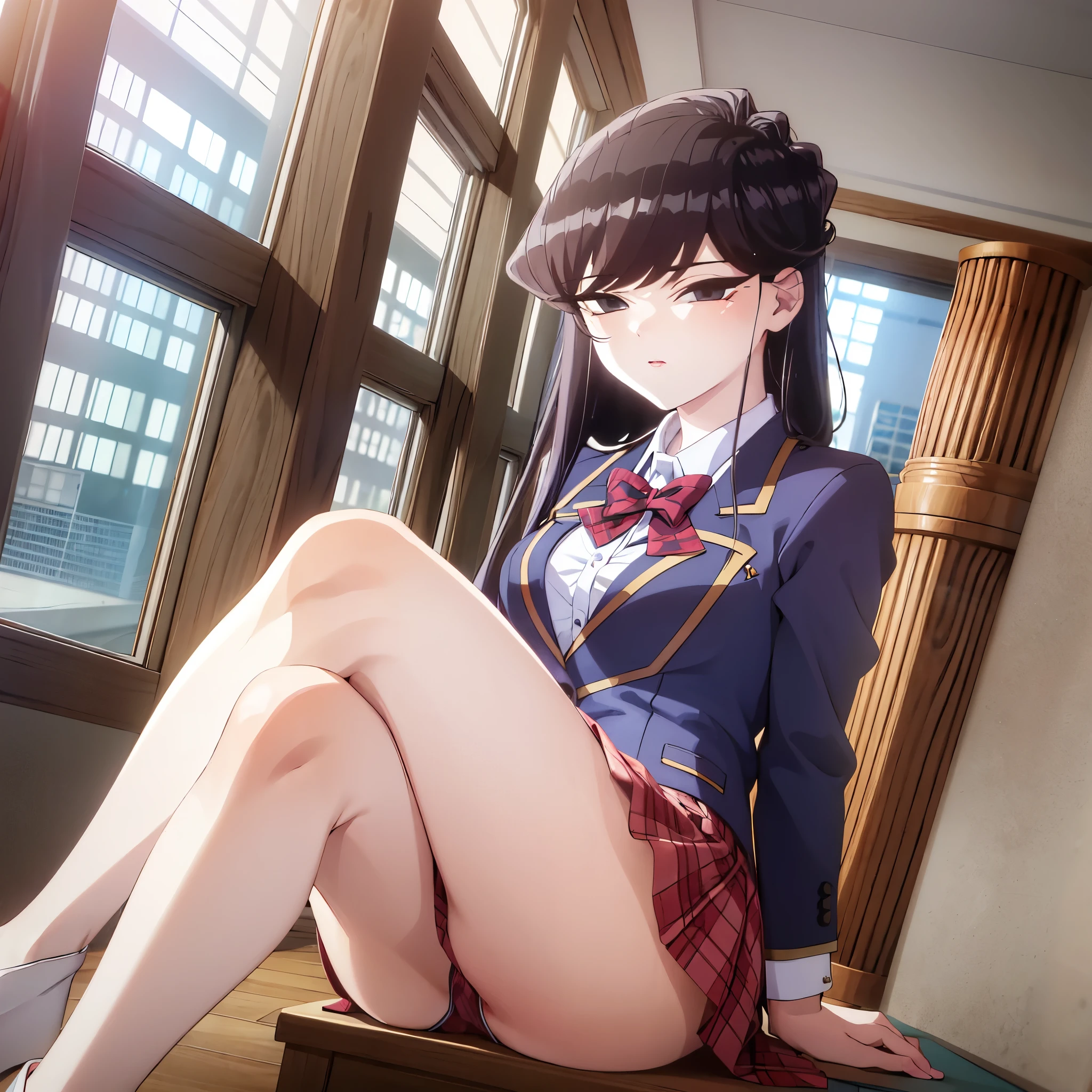 komiShouko, masterpiece, best quality, absurdres, 1girl, looking at viewer, v arms, pantyhose, classroom, , red skirt, red bow, blazer, window, sitting, chair, crowd,crossing legs,medium thighs.