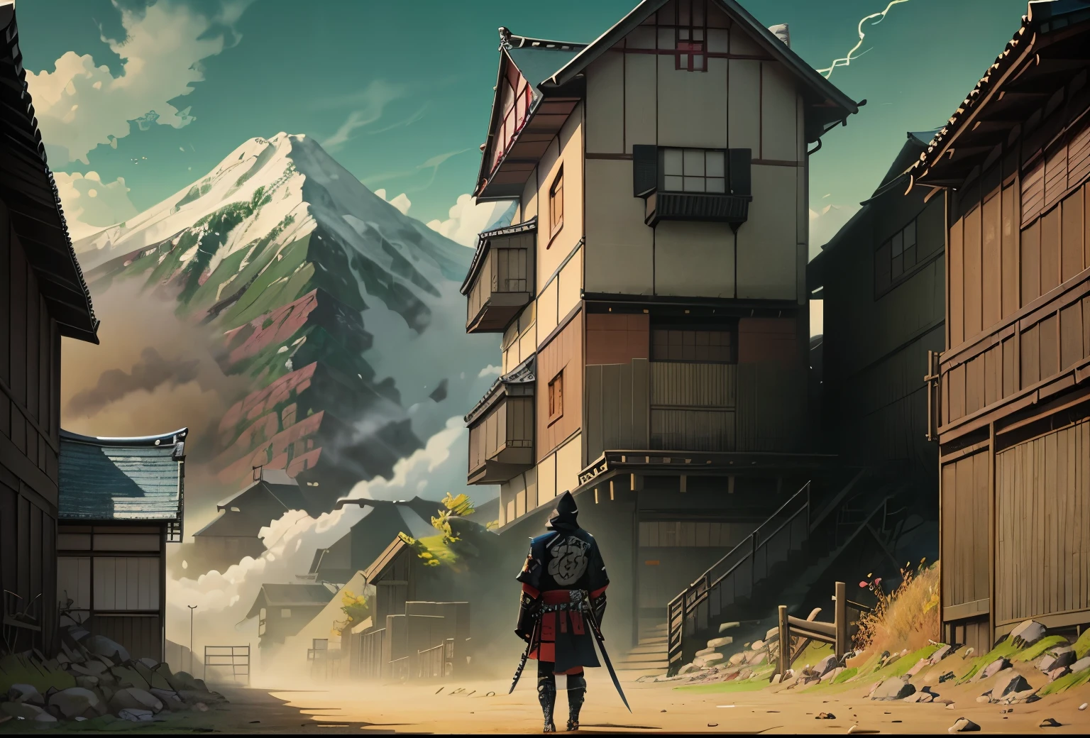 a man in a black mask and a hoodie stands in front of a mountain landscape, mystic ninja, ronin, japanese art style, very beautiful cyberpunk samurai, urban samurai, inspired by Kanō Hōgai, traditional japanese concept art, shinobi, extremely high quality artwork, highly detailed digital artwork, ghost of tsushima, feudal japan art, art cover