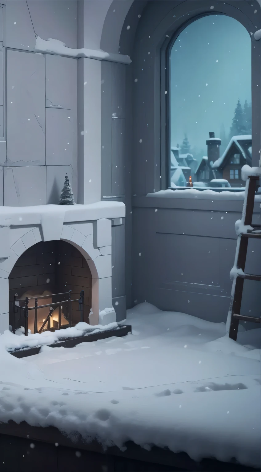 snowy scene of a fireplace with a ladder and a window, winter concept art, cozy wallpaper, snowy environment, background art, interior background art, background artwork, random background scene, cozy home background, snowy winter, digital painting concept art, cold snow outside, environment painting, anime background art, cozy environment, cozy place, conceptart, relaxing concept art, background image, by disney, disney style