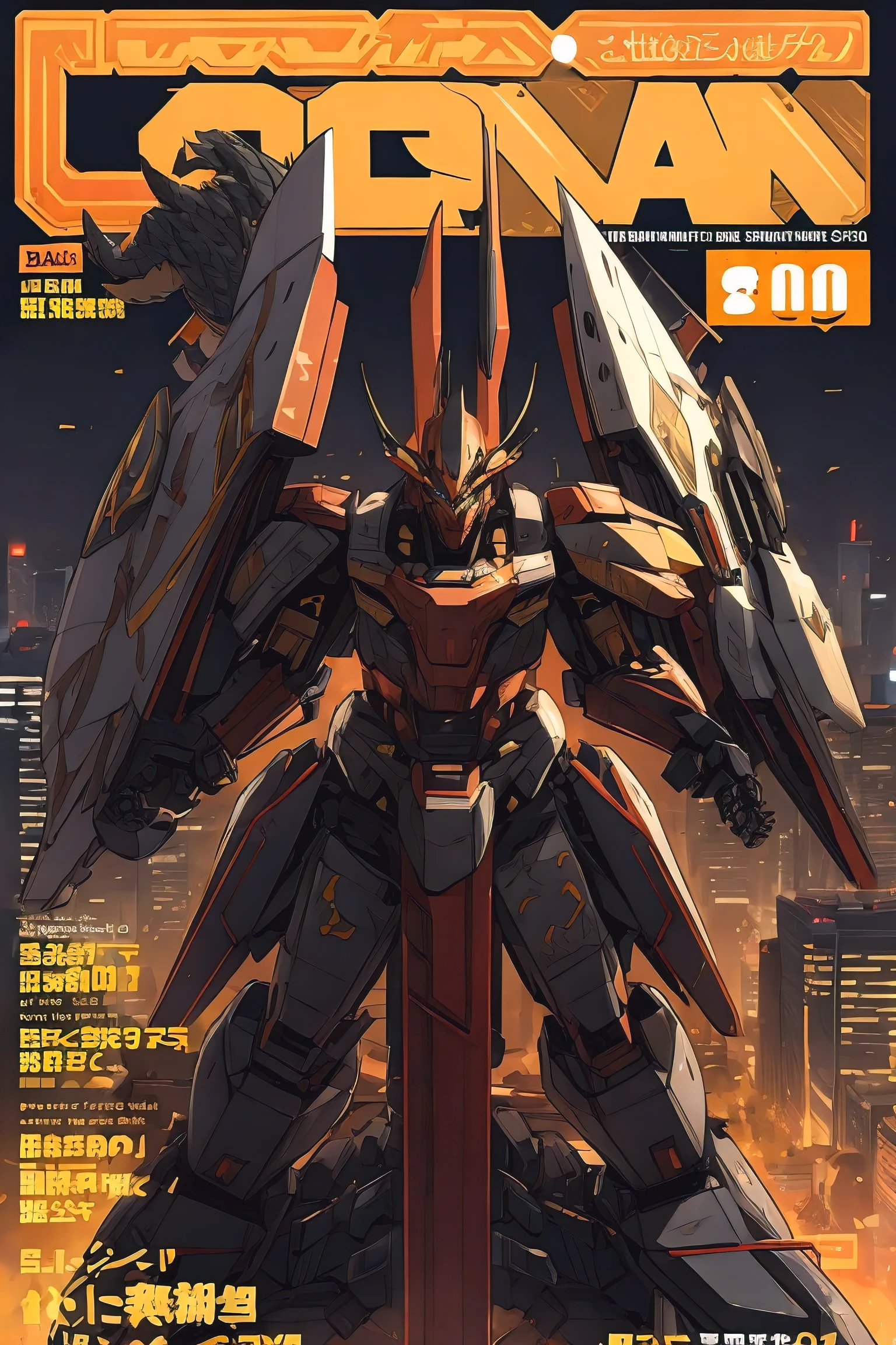 (magazine cover:1.3), majestic dragon mecha, weapon, shield, black and gold, city skyline