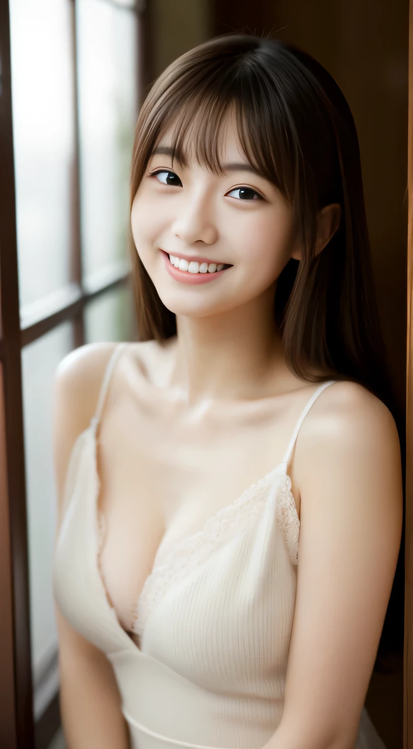 masterpiece,best quality,(Japanese ),((Beautiful girl)),cleavage,indoor,(perfect body beauty:1.2),(shy smile),beautiful teeth,