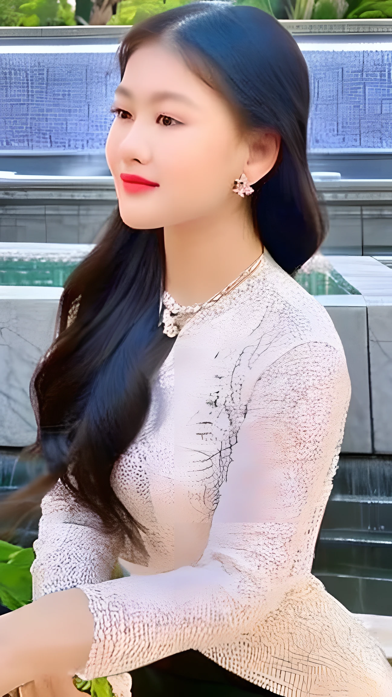 The 30-year-old girl is looking forward with her arms crossed. Her long ponytail hair is braided. She is wearing clear glasses. She is wearing a diamond watch, diamond necklace, and diamond earrings. She is wearing a Black lace blouse, white long pants, and red high-heeled shoes. There is a tall fountain in the background. The girl is as beautiful as a Myanmar girl, and she is standing in a natural and friendly manner
