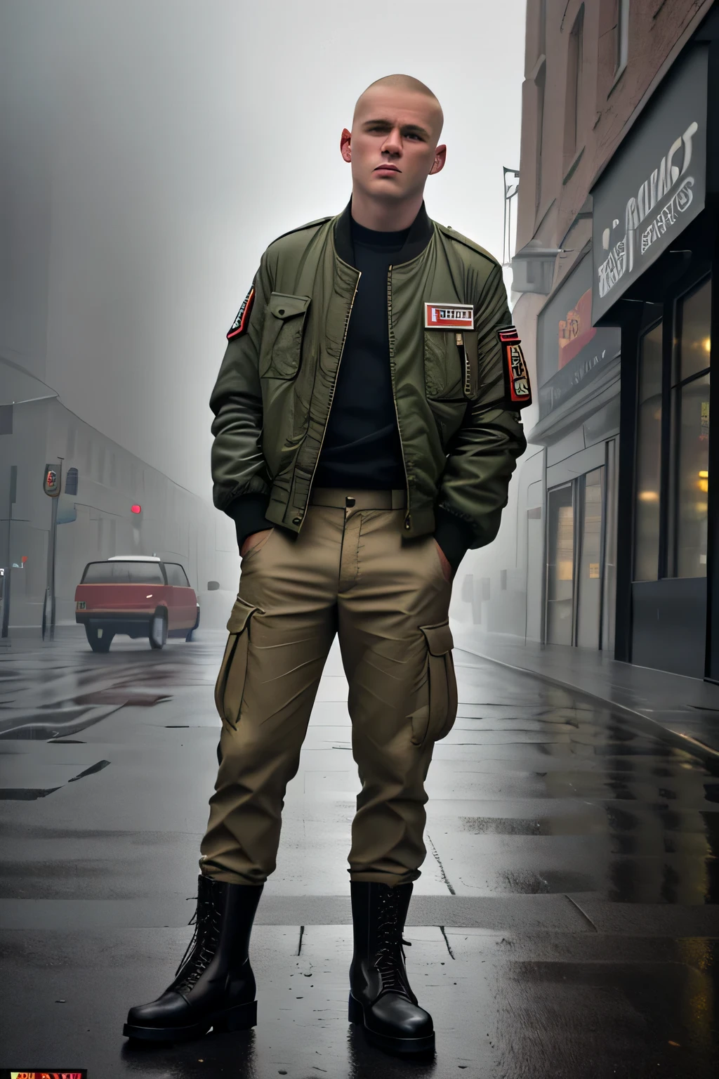 (solo, 1boy, full body shot), ((best quality)), ((masterpiece)),  photograph of a 25yo english skinhead, standing on a street corner, army boots(film photography, film grain, ultra realism, sharp focus, muted colours, extremely detailed, skin texture), 1980s, bomber jacket, fog, light rain,