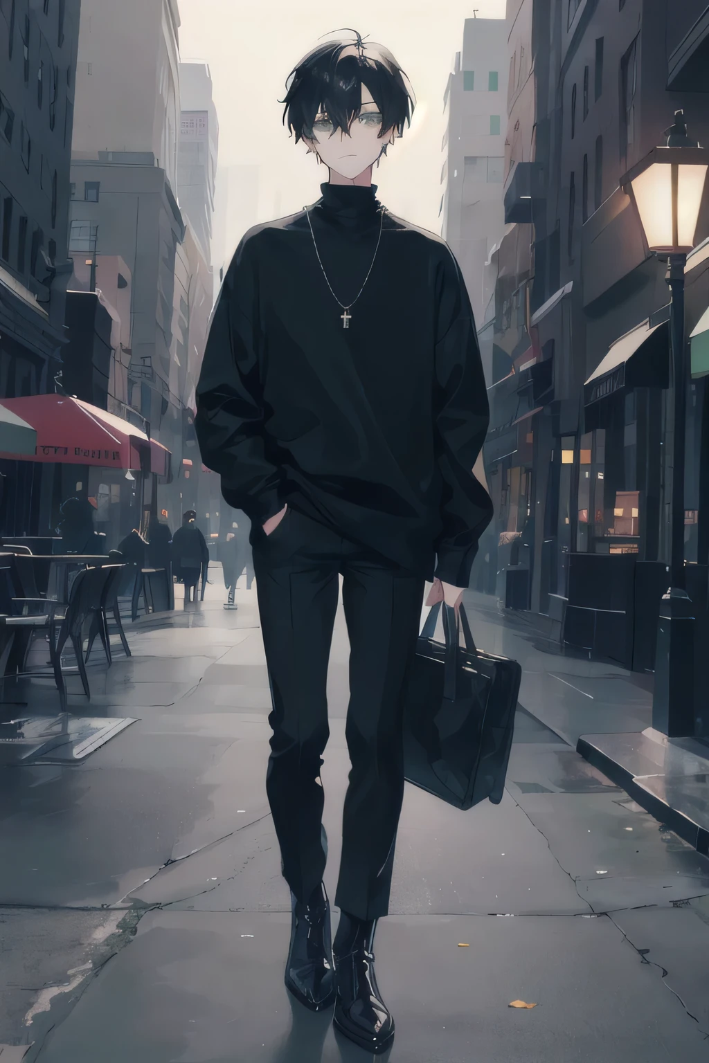 1 boy, short black hair, green eyes, black turtleneck, black pants, black boots, headphones in ears, listening to music, night city, hands in pockets