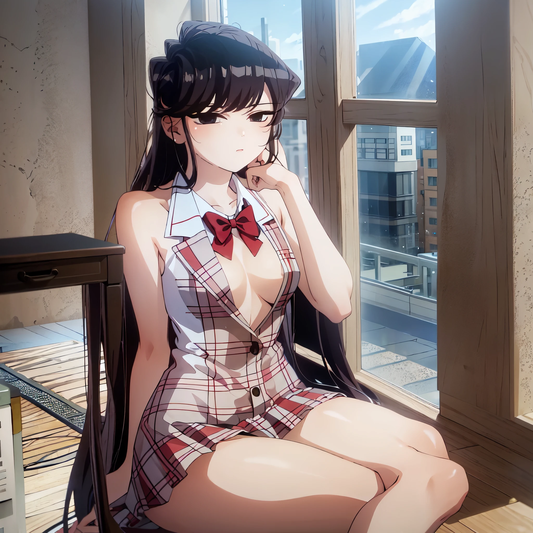 komiShouko, masterpiece, best quality, absurdres, 1girl, looking at viewer, v arms, pantyhose, classroom, , red skirt, red bow, blazer, window, sitting, chair, crowd,crossing legs,medium thighs.