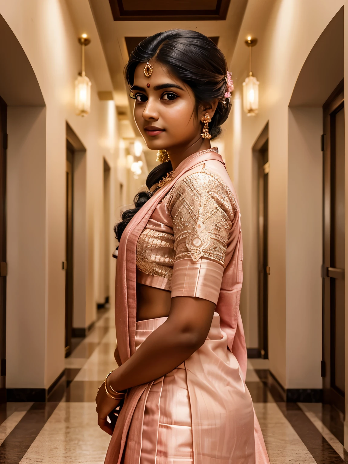 Tamil girl, 20 year old, wearing light pink mini frock, intricate detailing of face, eyes symmetry, face symmetry, HDR, inside a hotel corridor, celebration mood, HDR, hyper realistic, yocto-pixel detailing, yotta-pixel