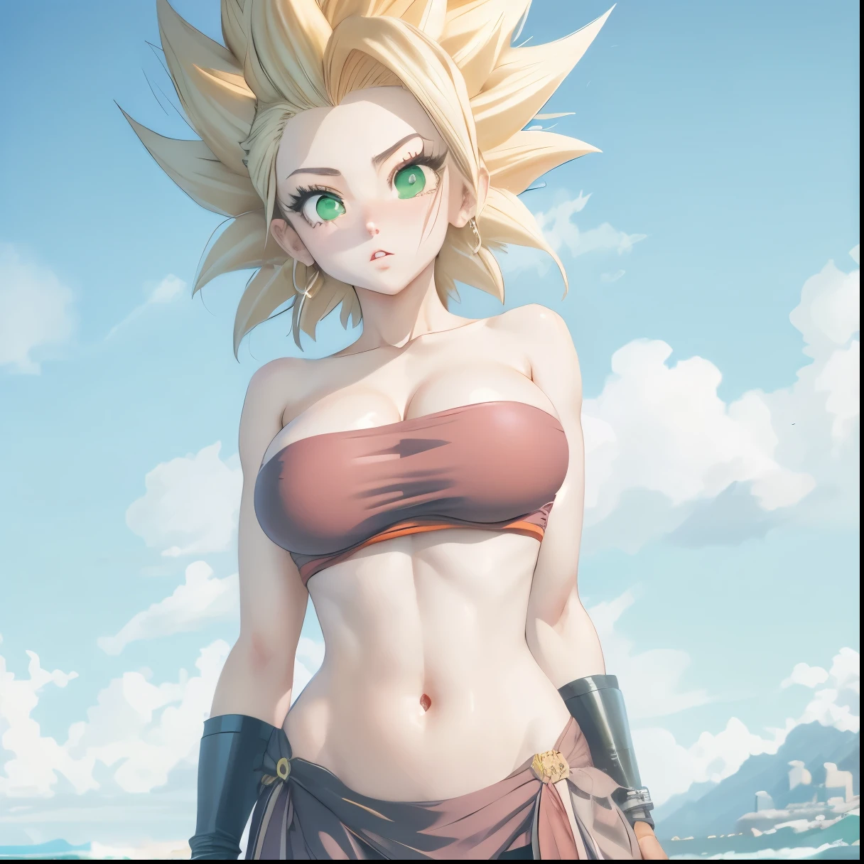 Obra maestra 4k, un primer plano de una persona en bikini ajustado en la playa, chica saiyajin OPPAI, goku femenino, ojos verde esmeralda, high quality anime art style, androide 18, fanart de alta calidad, personaje de anime femenino, personaje de estilo anime, pose rudo, lindosexyrobutts, estilo artgerm, yami kawaii, arte oficial, estilo artgerm, arte de personajes de anime, mujer anime, huge big breast, fat breast, perfect and sexy body, slim thick, big tits, tight tits, caulifla from dragon ball super, super saiyan, [detailed nipples] [nipples details] [huge nipples]