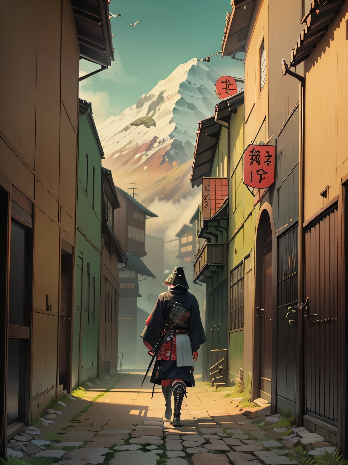 a man in a black mask and a hoodie stands in front of a mountain landscape, mystic ninja, ronin, japanese art style, very beautiful cyberpunk samurai, urban samurai, inspired by Kanō Hōgai, traditional japanese concept art, shinobi, extremely high quality artwork, highly detailed digital artwork, ghost of tsushima, feudal japan art, art cover