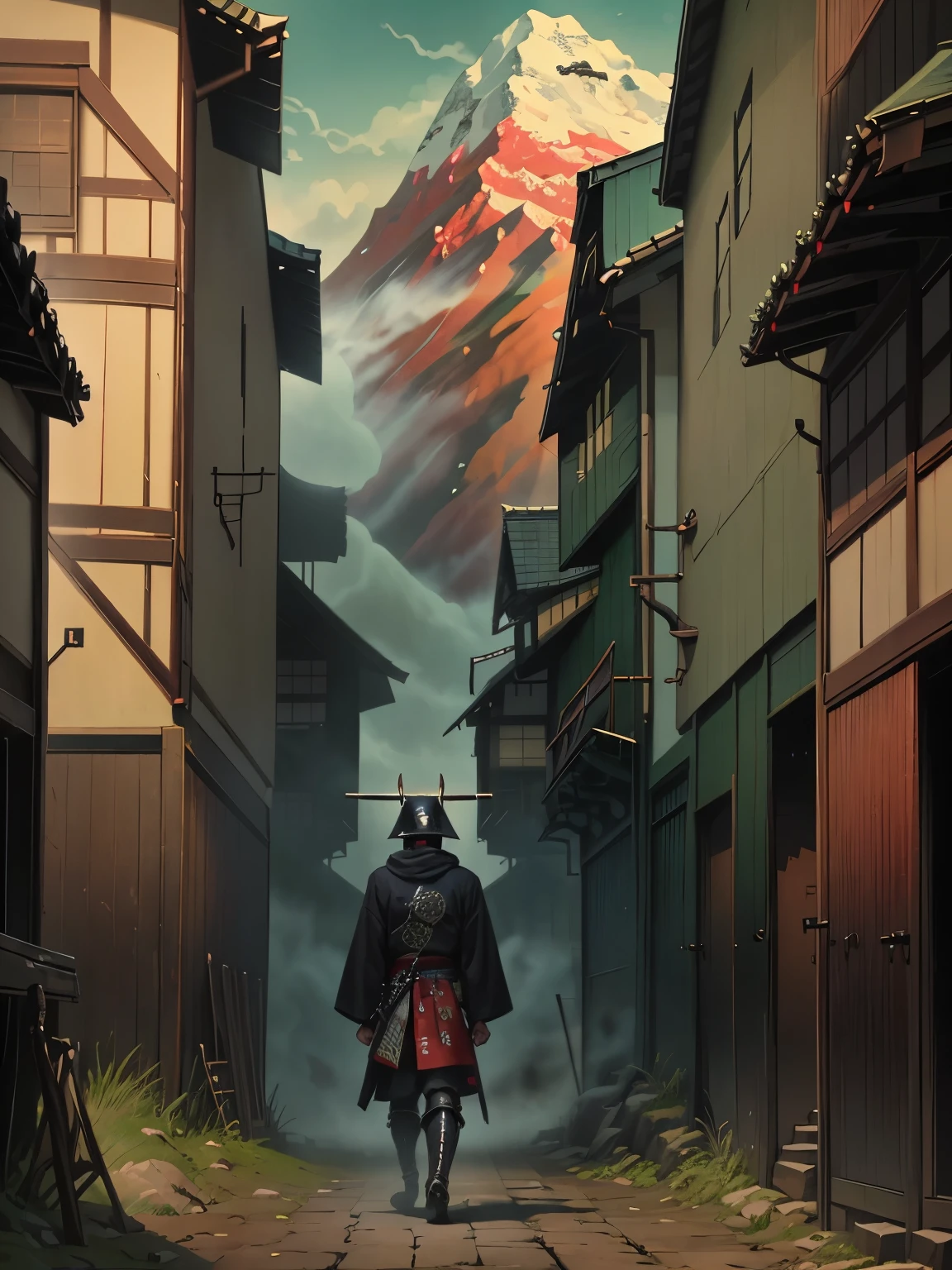 a man in a black mask and a hoodie stands in front of a mountain landscape, mystic ninja, ronin, japanese art style, very beautiful cyberpunk samurai, urban samurai, inspired by Kanō Hōgai, traditional japanese concept art, shinobi, extremely high quality artwork, highly detailed digital artwork, ghost of tsushima, feudal japan art, art cover