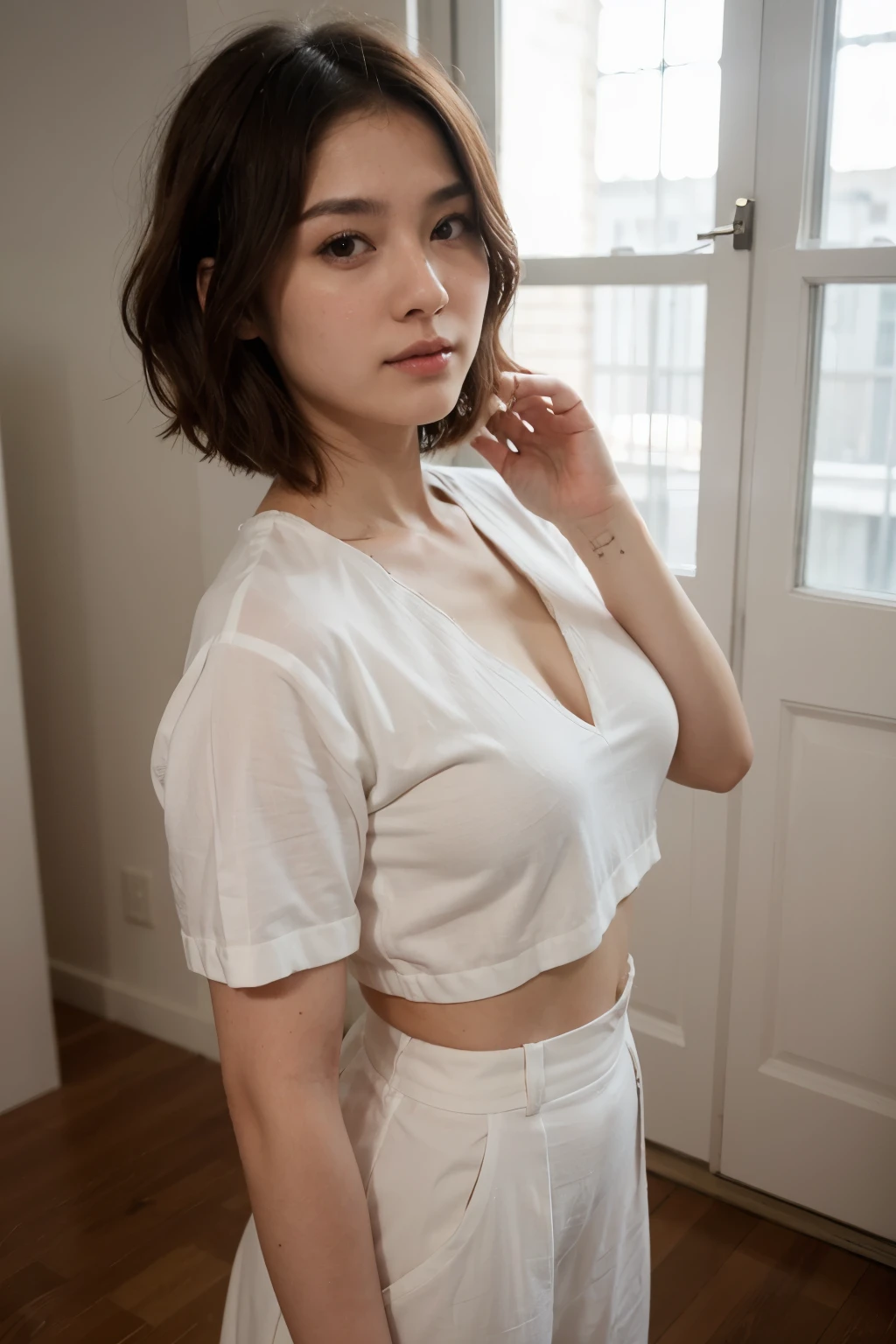 A woman with short hair, height 165, weight 45, white aura, beautiful face similar to a Japanese actress, white clothes.