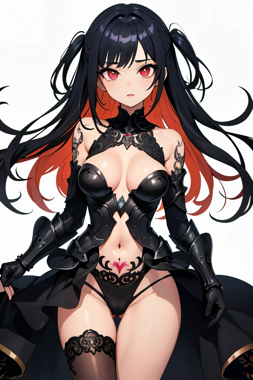 1girl, anime, cute girl, blank background, white background, fantasy, detailed fantasy dress with highlights, beautiful face, beautiful eyes, dark colors, black hair with multicolor streaks, red eye with different color pupil in eye, medium small breasts (slightly big), slight cleavage, beautiful skin, cute, breast curtains, extremely delicate and beautiful, (beautiful detailed face:1.0), (detailed deep eyes), symmetrical breasts, deep eyes, shiny skin, portrait, slender waist, hips wider than shoulders, thighs, expressionless, young girl, luminous eyes, adorable,(Kpop idol),(aegyo sal:1),(Platinum blonde hair:1),((puffy eye)),Black panty,sexy posture,Superskirt, ultra high resolution,Black collar,slim figure, Abdominal y tattoo, womb tattoo,Tight-fitting leg ring,y tattoo on half-body,Bare skin, Armored hand,Hidden fingertips,Hand covered,Arm covered,Fist covered,{{beautiful detailed fingers}}, tufts of hair, moderate beautiful breast:1.0,(masterpiece:1.2), best quality, high-res, HDR, perfect face, intricate armor, delicate blue filigree, intricate filigree, red metalic parts, detailed part, dynamic pose, dynamic lights,