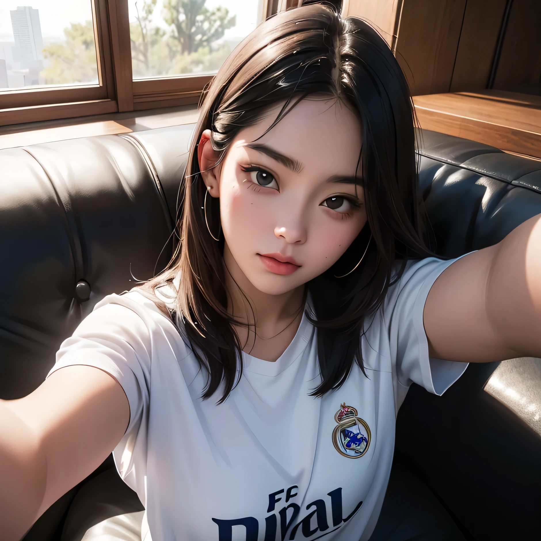 Una mujer joven japonesa de rostro y cabeza proporcionalmente correcta, sostiene la imagen arriba y de manera no tan cercana a su rostro (autofoto) in first person sitting on a sofa, su rostro serio. Viste una playera blanca del equipo deportivo Real Madrid FC.