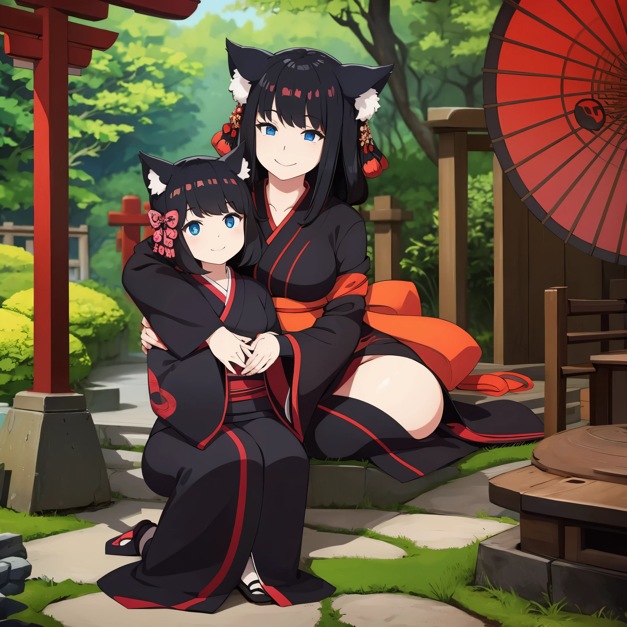 A woman with a black kimono with red details, neko ears, blue eyes, black hair, smiling, in a Japanese garden
