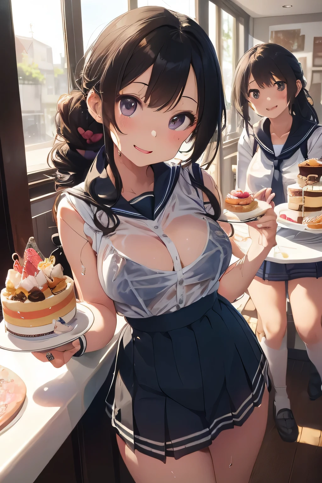 highest quality、High resolution、detailed background、Beautiful and dense face、beautiful and smooth skin、skin texture、cute10代の美少女、two beautiful girls、(huge breasts:1.4)、(realistic:1.2)、perfect body line、braided ponytail、
(Sleeveless sailor suit made of see-through material:1.5)、white sailor collar、Sheath Sloop Leece Mini Skirt、pink floral embroidered panties、No bra、white knee high socks、white overknee socks、emphasize cleavage、emphasize the chest、(My clothes are wet and see through and I can see my nipples..:1.3)、
Tea time at the cafe、((Two beautiful girls enjoy cake and sweets while chatting at a cute cafe.:1.4))、((She pulled up her skirt and showed me her panties..:1.5))、sexual expression、Laugh playfully、panty shot、underboobを強調する、underboob、cute、camel toe