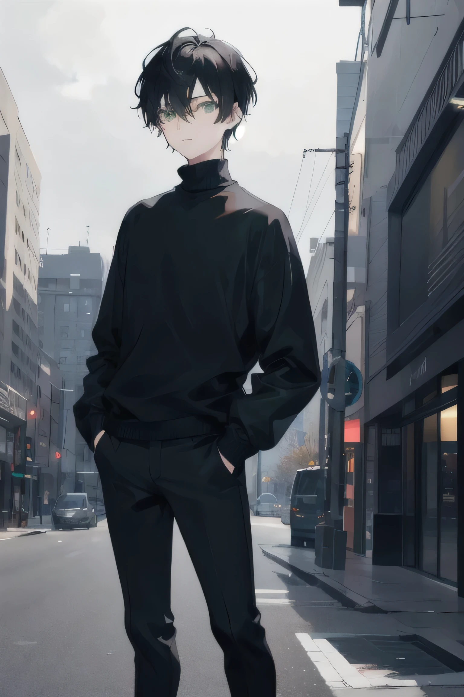 1 boy, short black hair, green eyes, black turtleneck, black pants, black boots, wearing headphones, listening to music, night city, hands in pockets