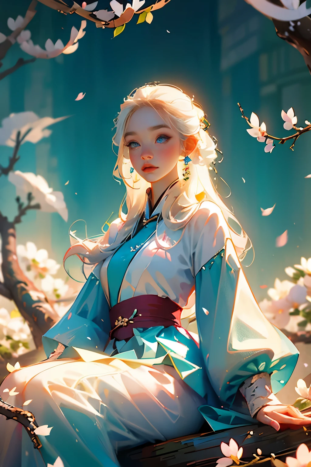 fantasy, portrait, Asia, European appearance, beautiful girl, delicate face, long pale blonde hair, blue eyes, in a beautiful hanfu, emphasizing the figure in light colors, expressive breasts, cherry blossoms in the background, hd