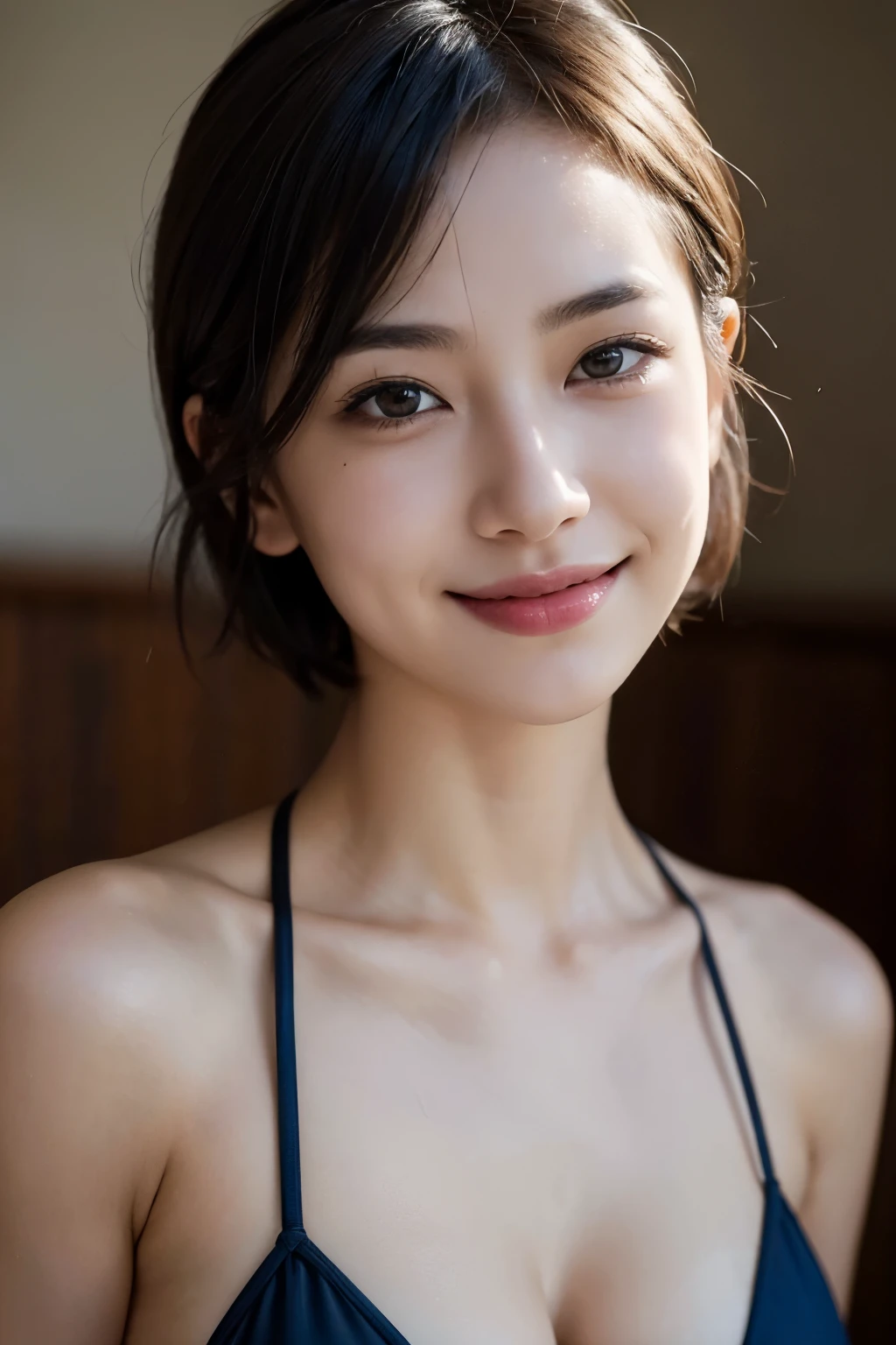 , finely detail, (1girl),ultra detailed human face,Short hair,(Joyful face),various poses,wore a bikini,woman,whole body