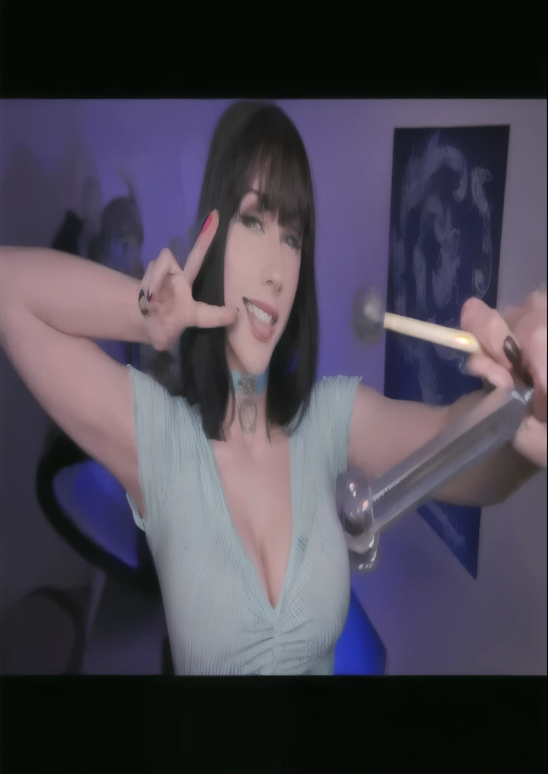 una mujer con una camisa azul sosteniendo un par de palillos, better known as amoranto, amoranto, young beautiful amoranto, amoranto as a super villain, sosteniendo una jeringa!!, 4k'', miniatura de youtube, video musical, tiro de giganta, extremely detailed tiro de giganta, 4K-, 4k -