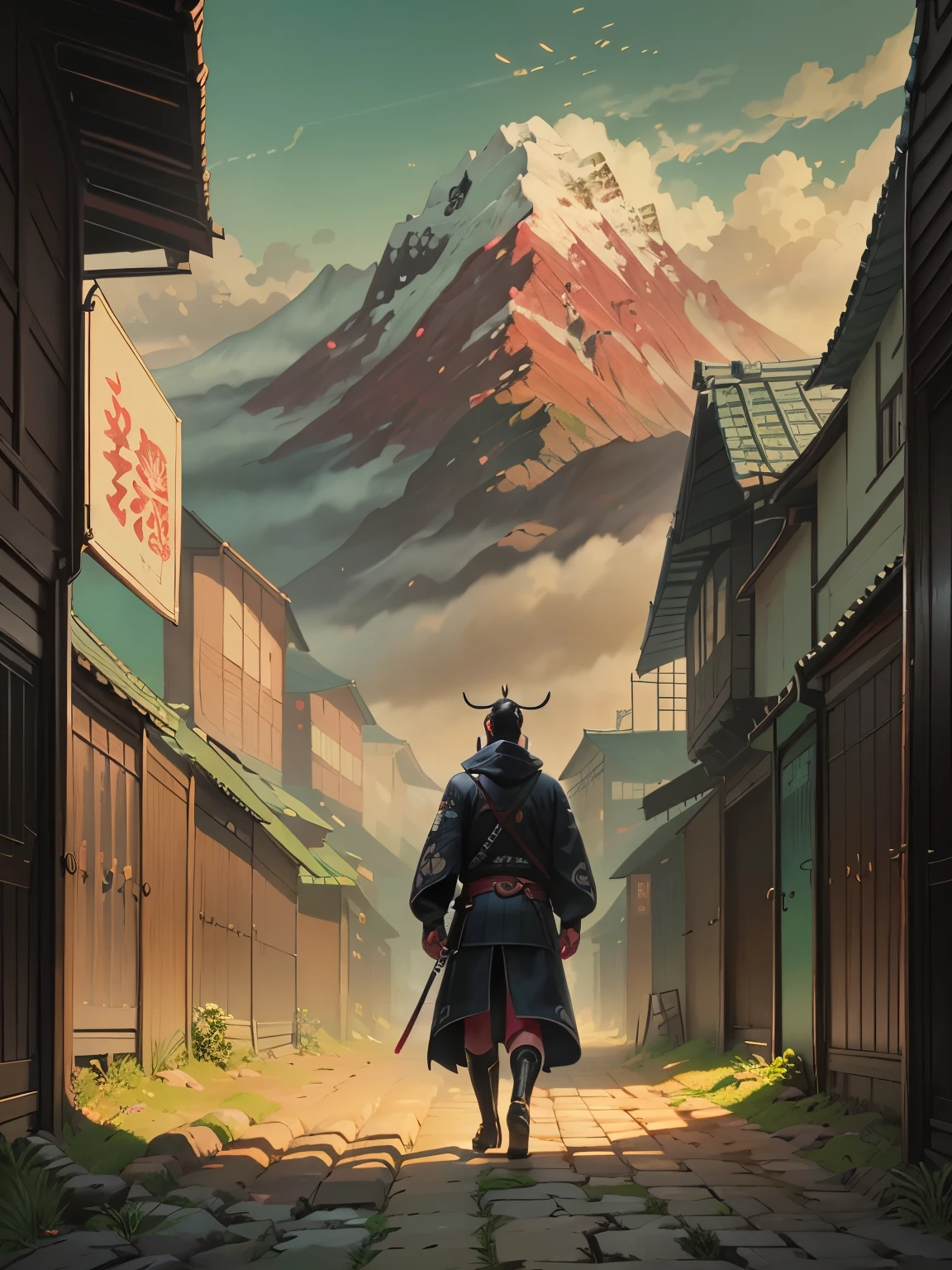 a man in a black mask and a hoodie stands in front of a mountain landscape, poster art inspired by Kanō Hōgai, trending on Artstation, ukiyo-e, mystic ninja, ronin, japanese art style, very beautiful cyberpunk samurai, urban samurai, traditional japanese concept art, shinobi, extremely high quality artwork, highly detailed digital artwork