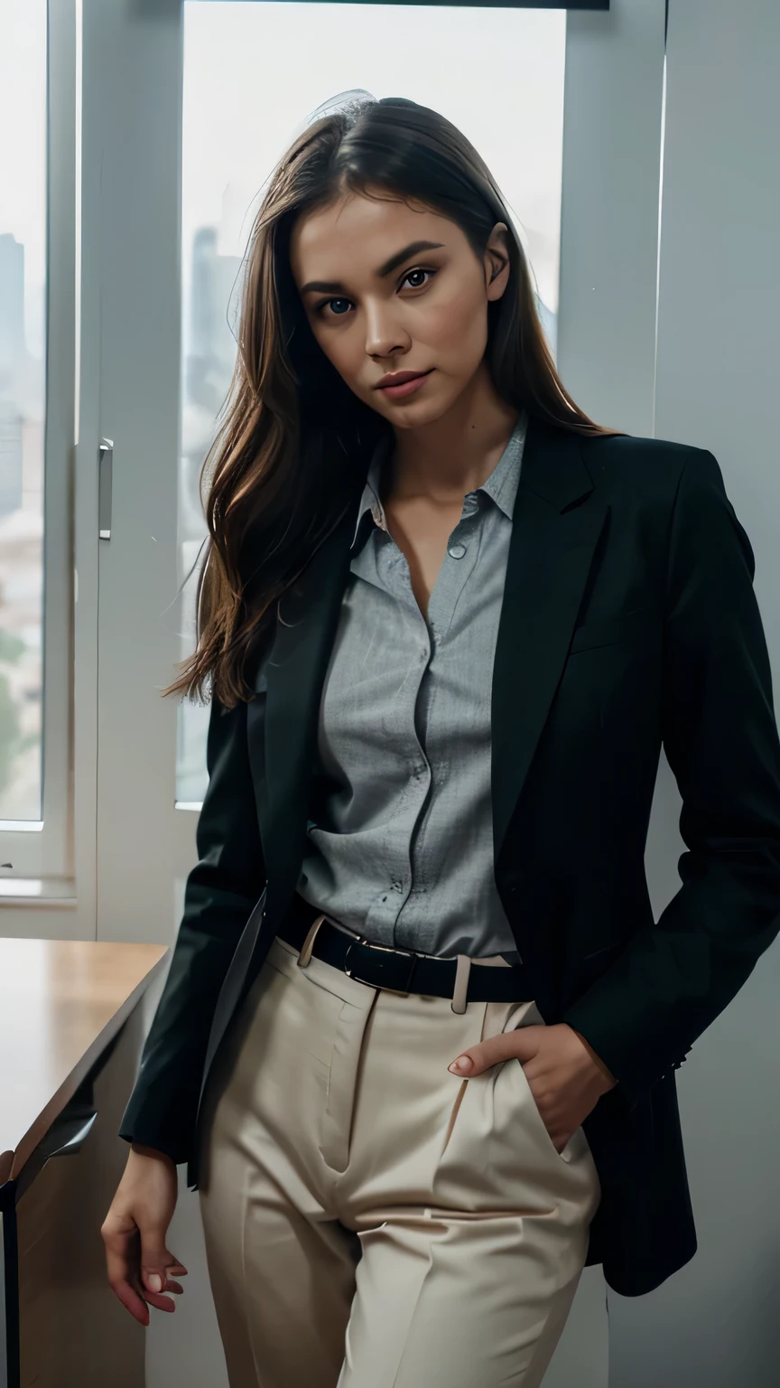 MAN in a formal suit, full length, Modern Russian, realistic, Best quality, Cinematic light, side lighting, ultra high resolution, best shadow, Microgeometry, skin elasticity, light scattering through hair, ambient occlusion, multi-layer skin shading, facial muscle modeling, rendering of the iris and pupil, Advanced Color Correction, Casual outfit, grinning, big eyes, фото full length. in the office. full frame. high facial detail, detailed eye, An open look