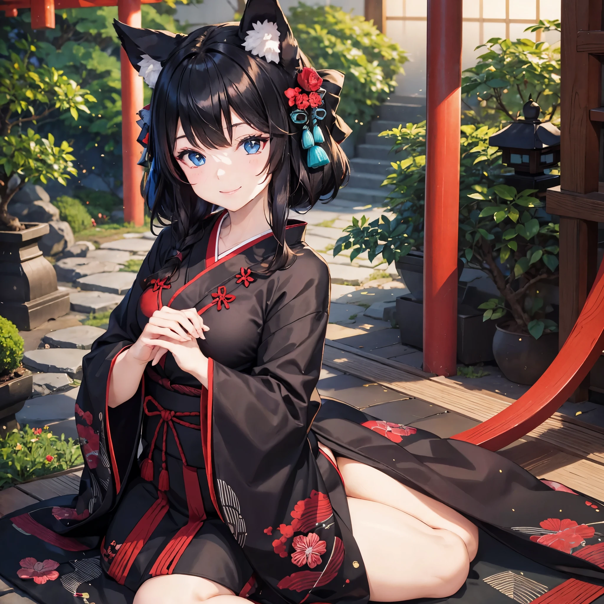 A woman with a black kimono with red details, neko ears, blue eyes, black hair, smiling, in a Japanese garden
