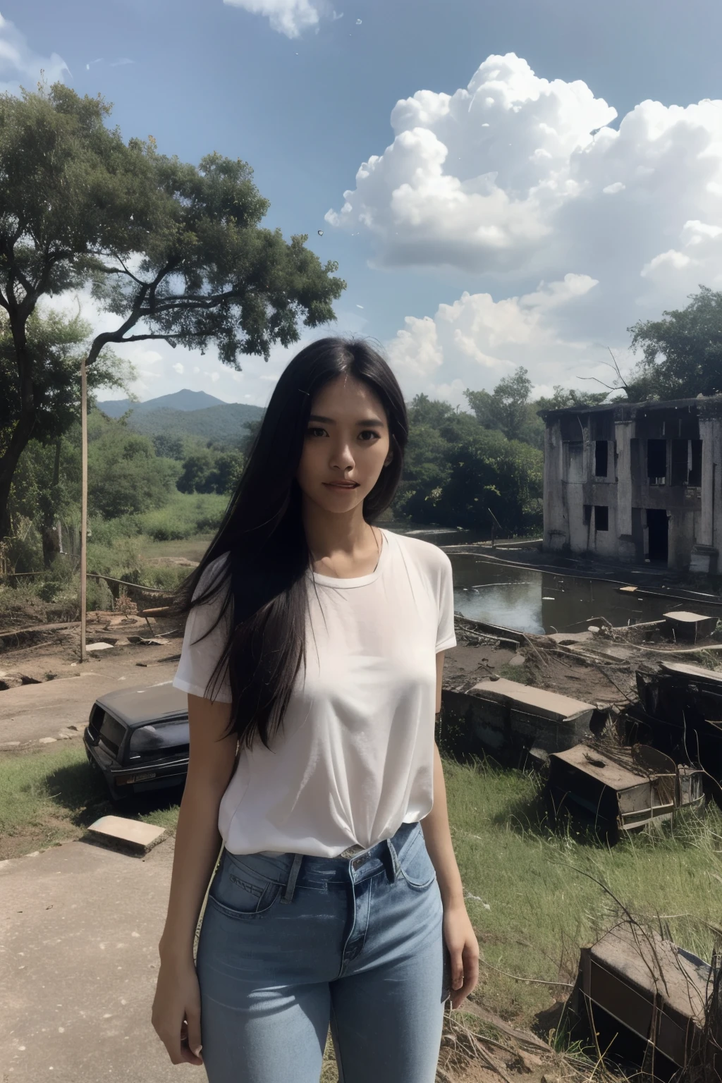 Thai Woman, look at viewer, long hair, shirt, jeans, cloud, day, sky,outdoors, post-apocalypse, ruins, scenery, tree, water,